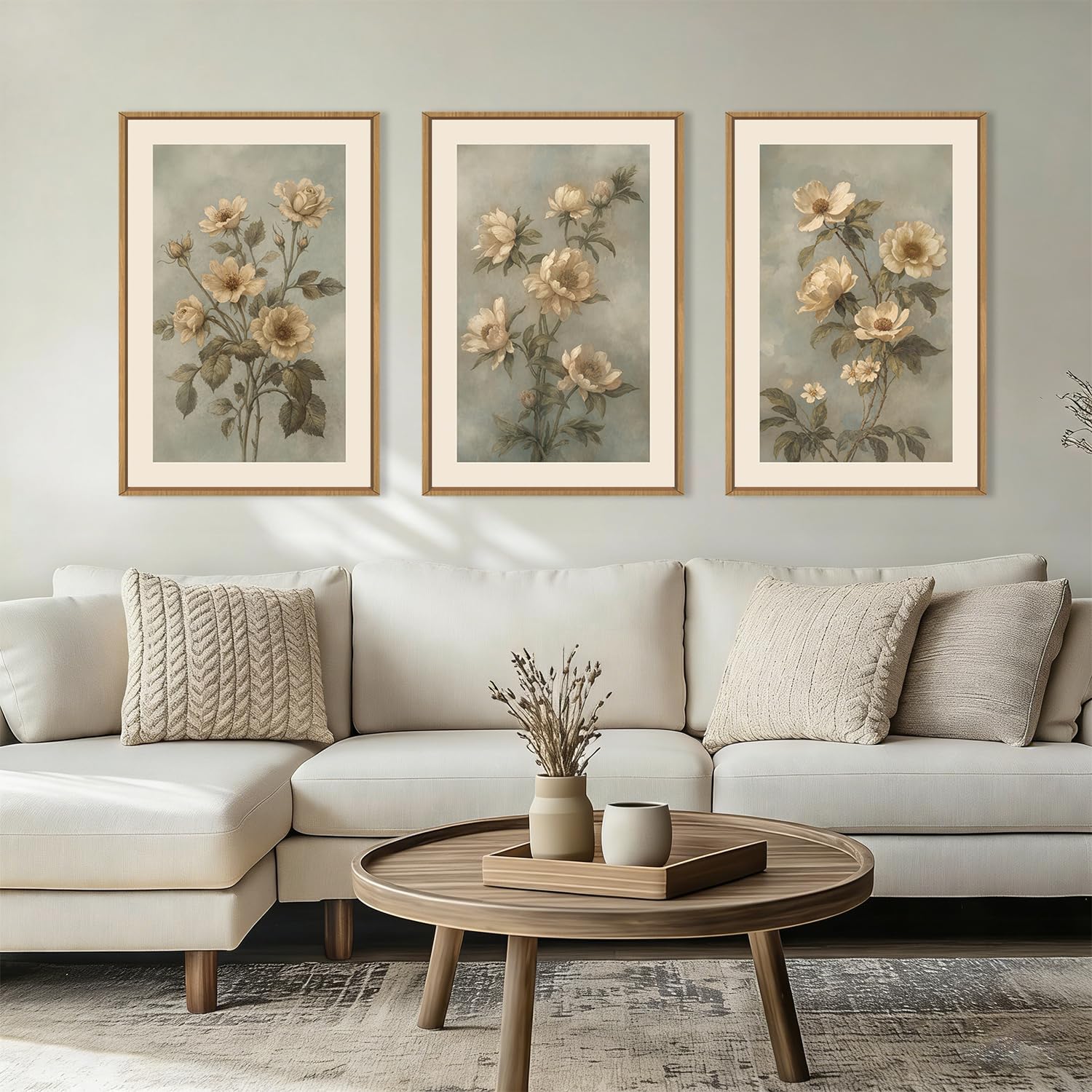 KAIRNE Vintage Moody Botanical Flower Framed Canvas Wall Art Set-16"x24"x3 | Green Beige Floral Wall Decor,Rustic Wildflower Art Prints,Boho Minimalist Artwork for Living Room,Bedroom,Farmhouse,Office