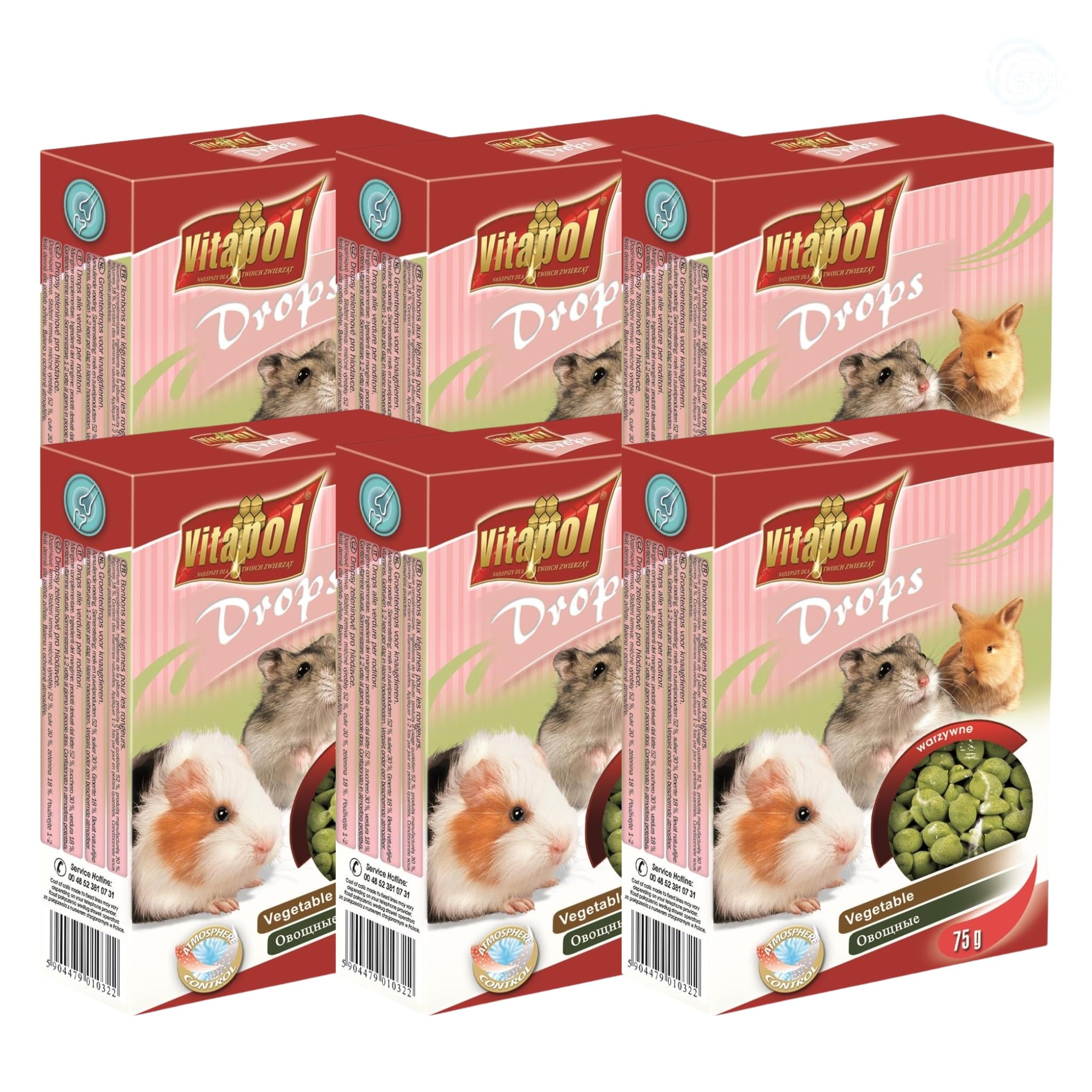 Vitapol Drops Small Pet Treat for Rodents & Rabbits – High-Fibre Complementary Snacks with Vitamins & Minerals – Supports Teeth Health – Carrot, Honey, Yoghurt & More Flavours (Vegetable, 6x 75g)
