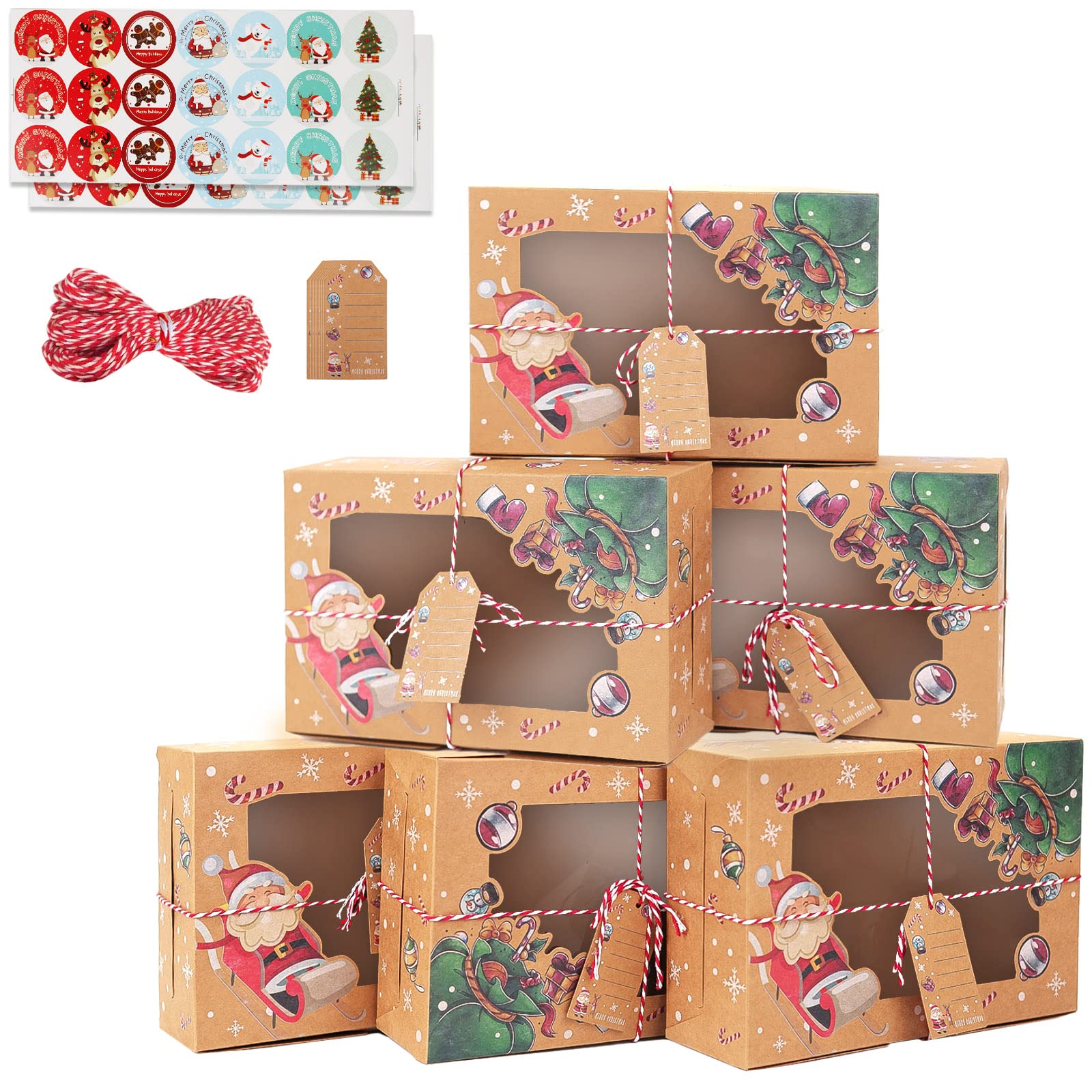12 Pcs Christmas Cookie Boxes with Window (6.3x9.45x3 Inches), Xmas Gift Boxes for Candy Cookie, Christmas Cake Boxes for Christmas Party, Sweets Gift Box With Gift rope, Cupcake Boxes for Christmas
