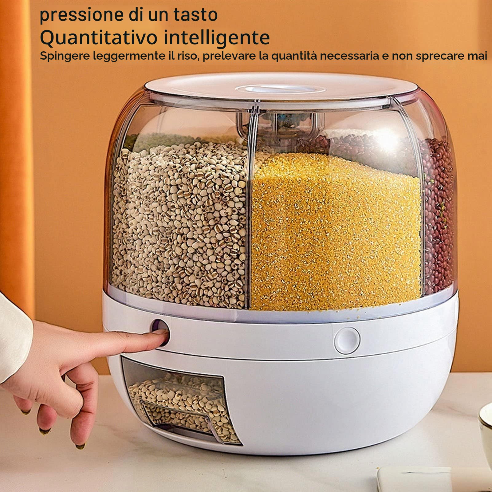 6 Scomparti Dispenser per Alimenti con Rotazione a 360° con Coperchio per Grani PiccoliFagioli, Riso (5 kg), Contenitore per Riso e Grano Food Storage Packaging