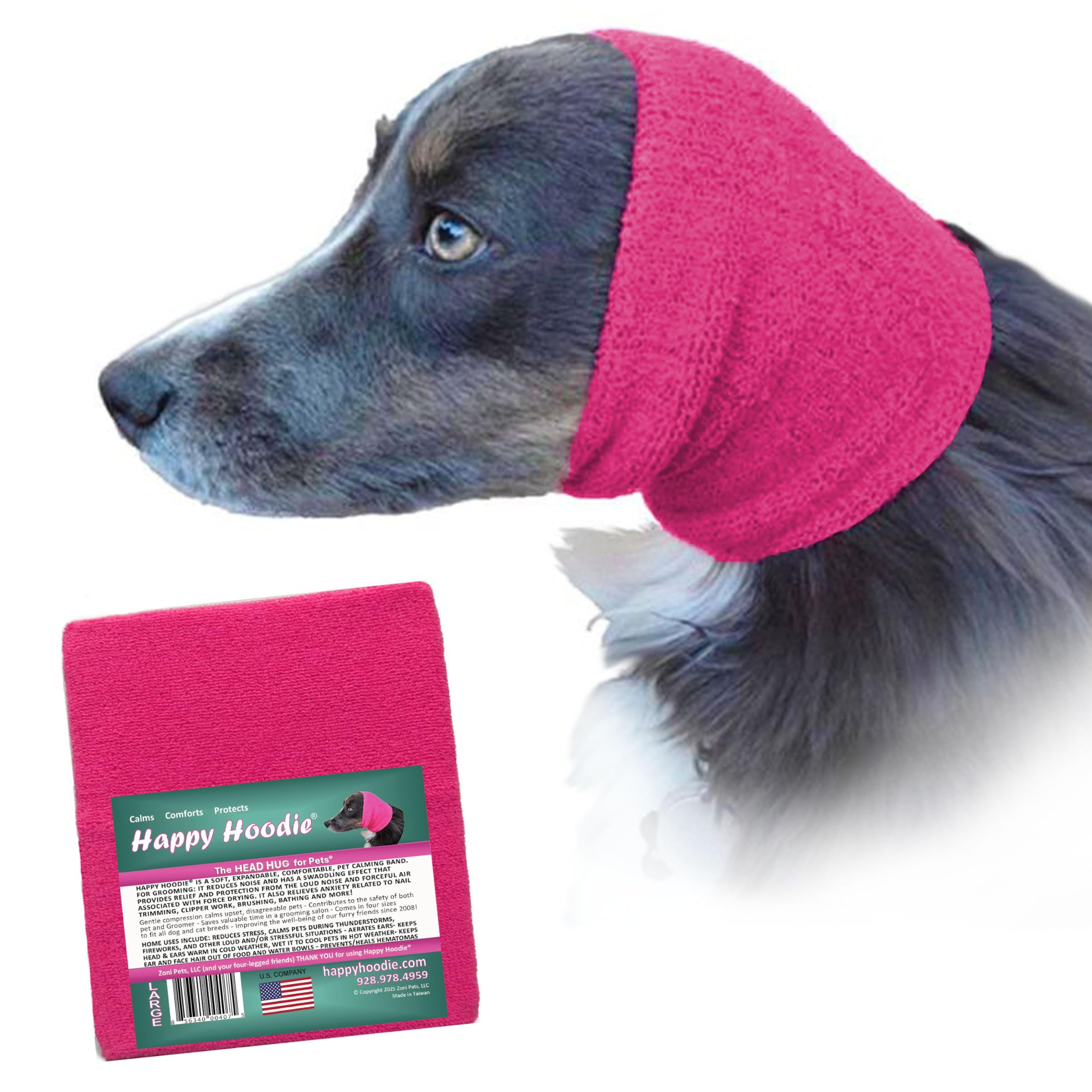 Happy Hoodie The Original Calming Band for Dogs & Cats - for Anxiety Relief – Noise Canceling for Fireworks, Thunderstorms, Pet Grooming & Force Drying - Dog Calming Aid Since 2008 (Large, Pink)