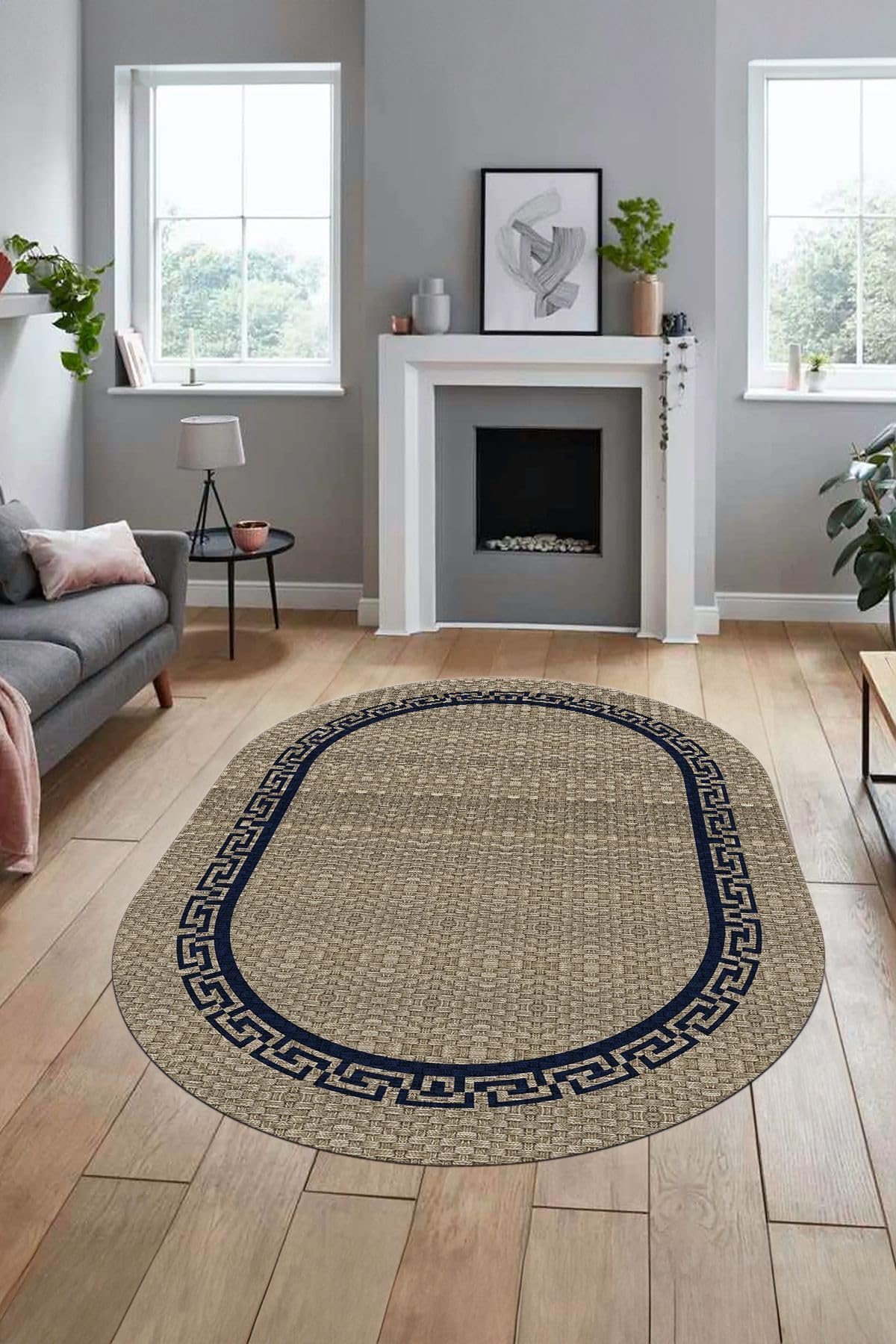 Evdeya Dijital Kaymaz Taban Yıkanabilir Jüt-Hasır Görünümlü Oval Mutfak Yolluk Salon Halısı O-JÜT-01, Mavi, 180 x 300