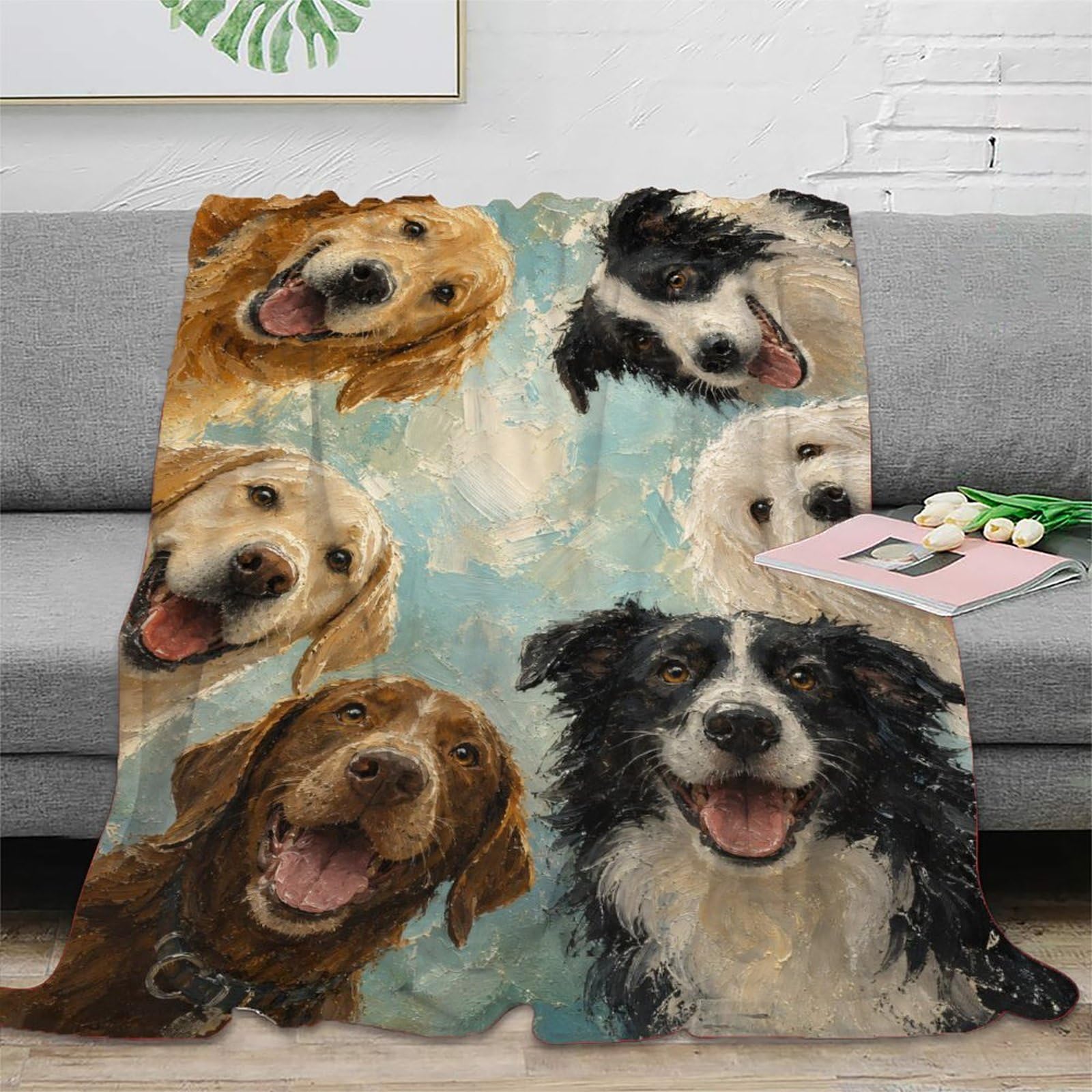W7C8U2X3 Happy Dog Group Portrait Throw Blanket, Flannel, Whimsical Dog Art