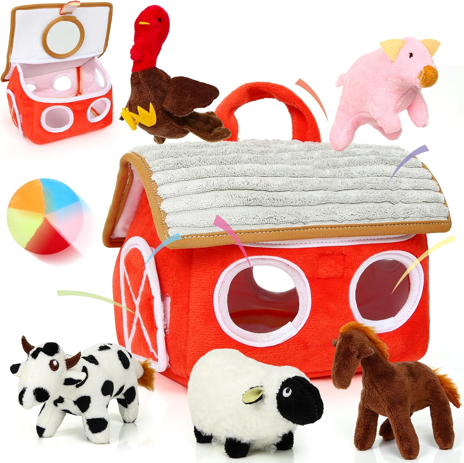 FVUUKOSIIT Baby Toys 6-12 Months - Montessori Sensory Farm Set - Soft Stuffed Animals with Rattle Squeak Safe Mirror - On-The-Go Toddler 1-3 Year Old Boy Girl Birthday Gifts (White)