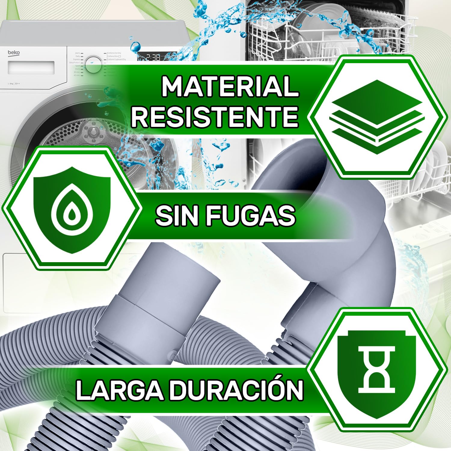 Desague Manguera Lavadora y Lavavajillas Universal 2 m Ø19/22 mm Código Original 1118270006 1118270030 8996461308406 C00318230 para AEG para Indesit para Whirlpool - Garantía de 5 Años - ONIX TECH - 5