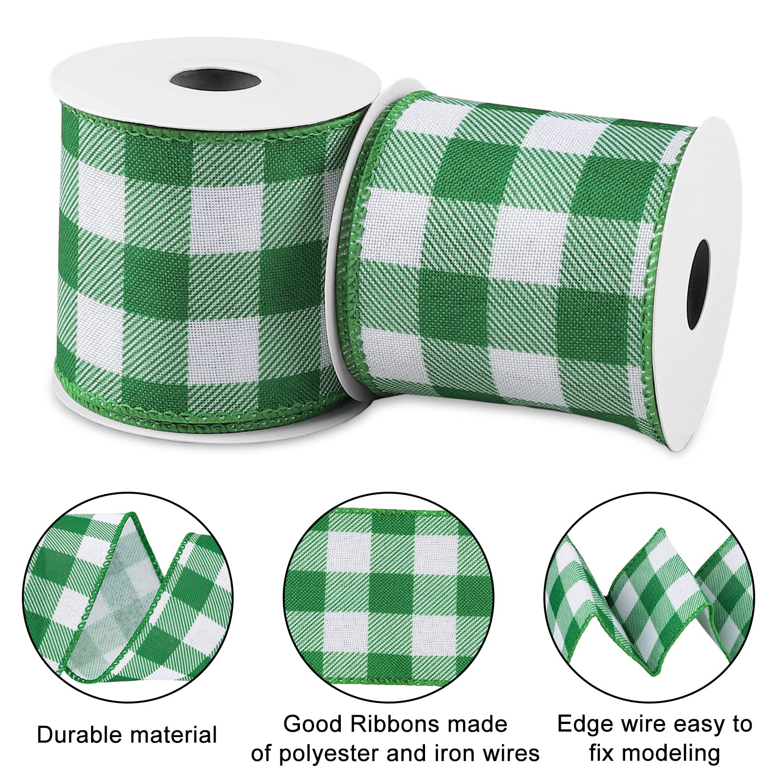 Whaline 2 Rollen kariertes Band mit Drahtrand, Büffelmuster, grün-weiß, kariert, 6,3 cm, Bauernhaus-Bastelband für DIY, Geschenkverpackung, Kranz, Weihnachtsbaumschleife, Dekoration, 9,4 m