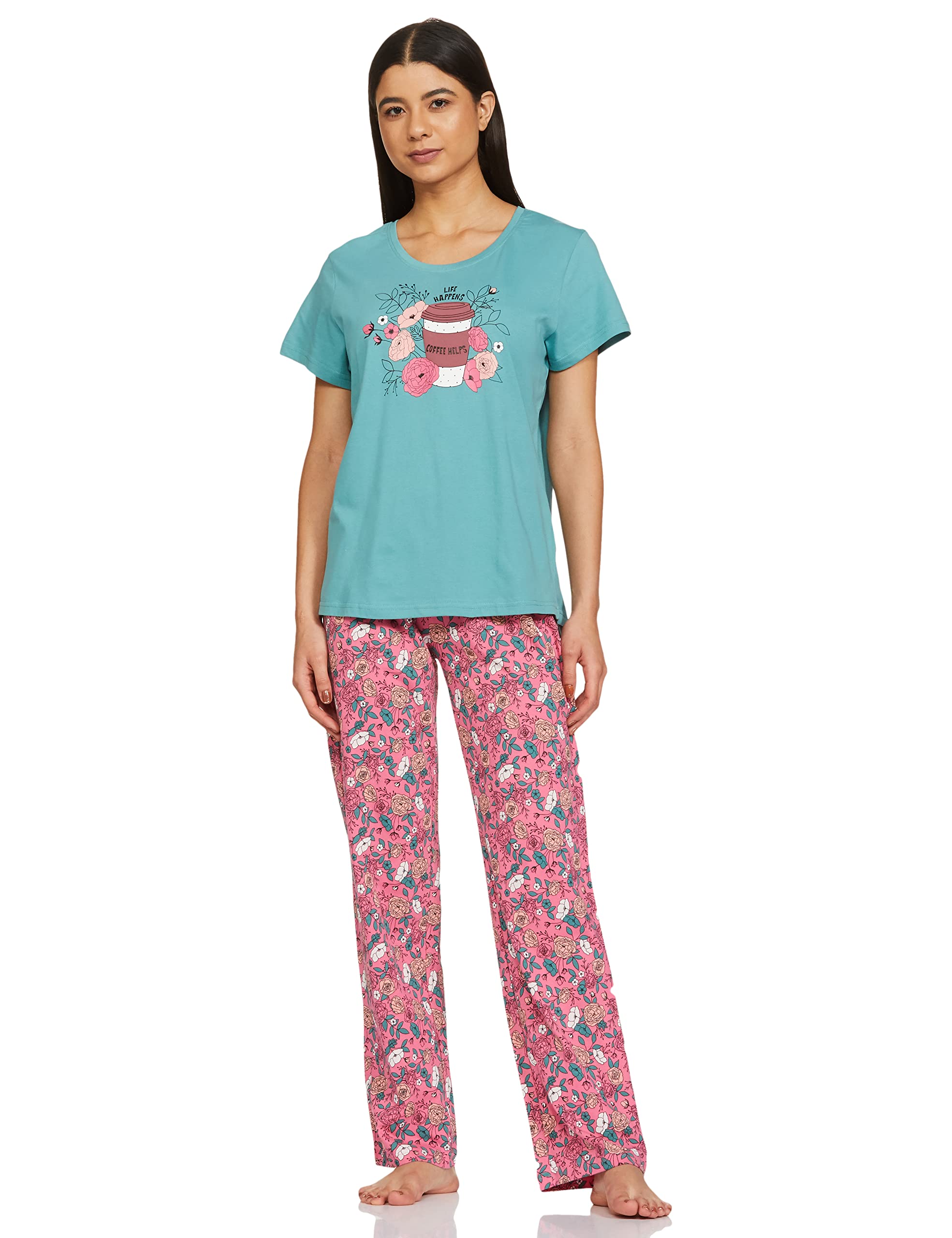 Women's Cotton Printed Round Neck T-Shirt with Pajamas-image-41
