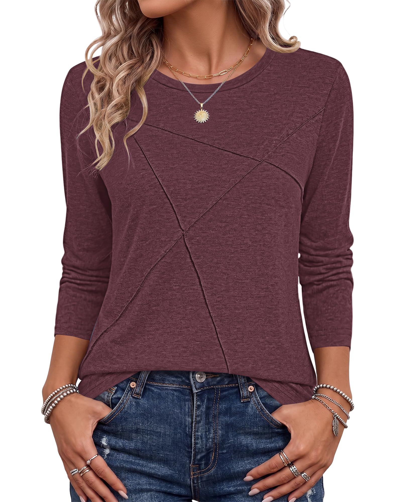 PLOKNRD Damen Langarm T-Shirt Rundhals Falten Leicht Dünne Blusen Herbst | Langarmshirt Elegant Falten Design Oberteile Winter Dünn Sweatshirt Pullover Tops Freizeit Sport Boho Klassisch Urlaub Party
