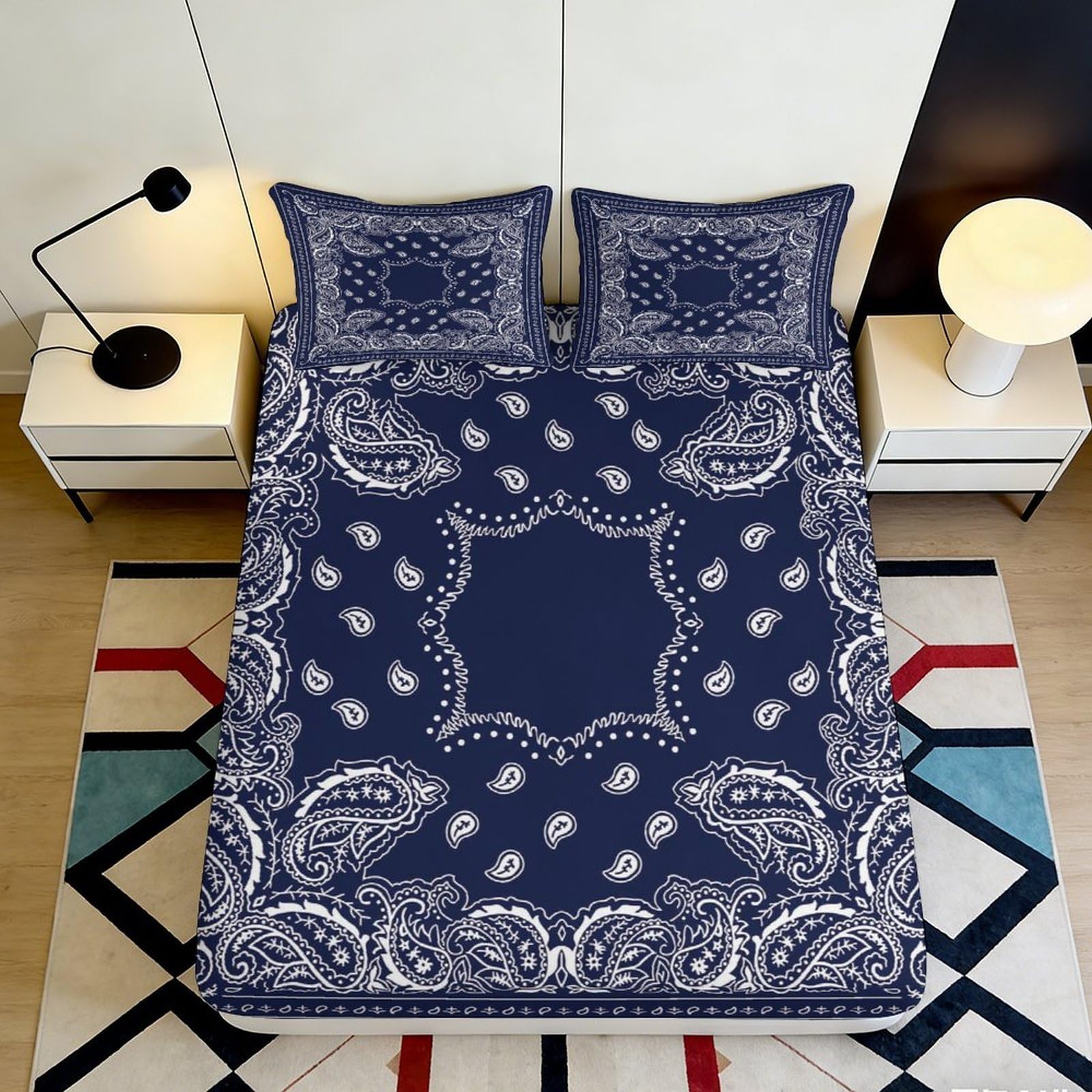 Pnayamiorkfel Style-6 3D Printed Navy Paisley Fitted Sheet Microfiber Soft Breathable Bandana Bed Cover For Bedroom Dorm Mattress Protection Decor 90X200x25cm