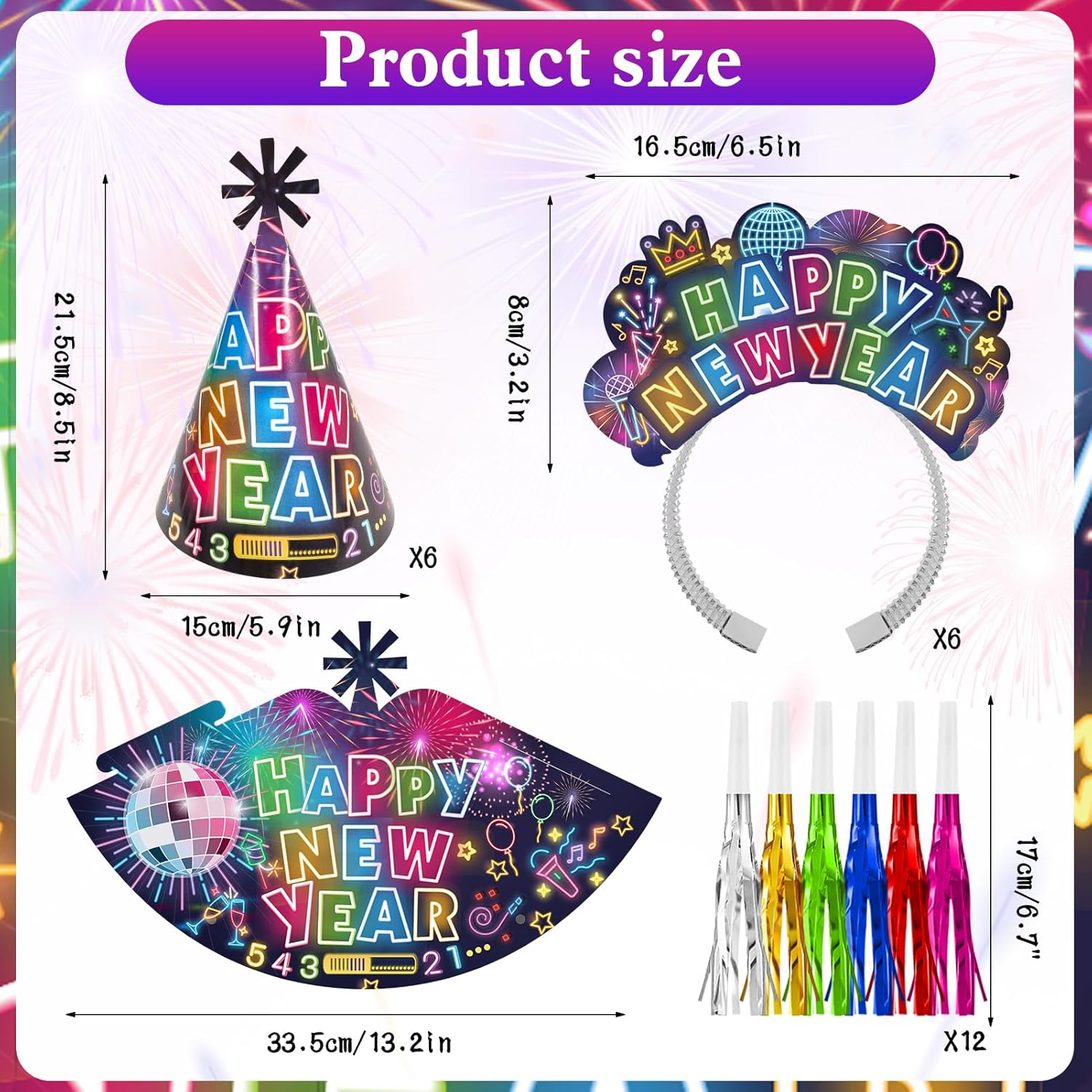 HOWAF 36 Pcs Glitter New Year's Eve Party Supplies Kit, 2026 Happy New Year Eve Shiny Firework Party Supplies-New Year Headband Eyeglasses New Year Top Hats New Year Fringed Noisemaker - Image 3
