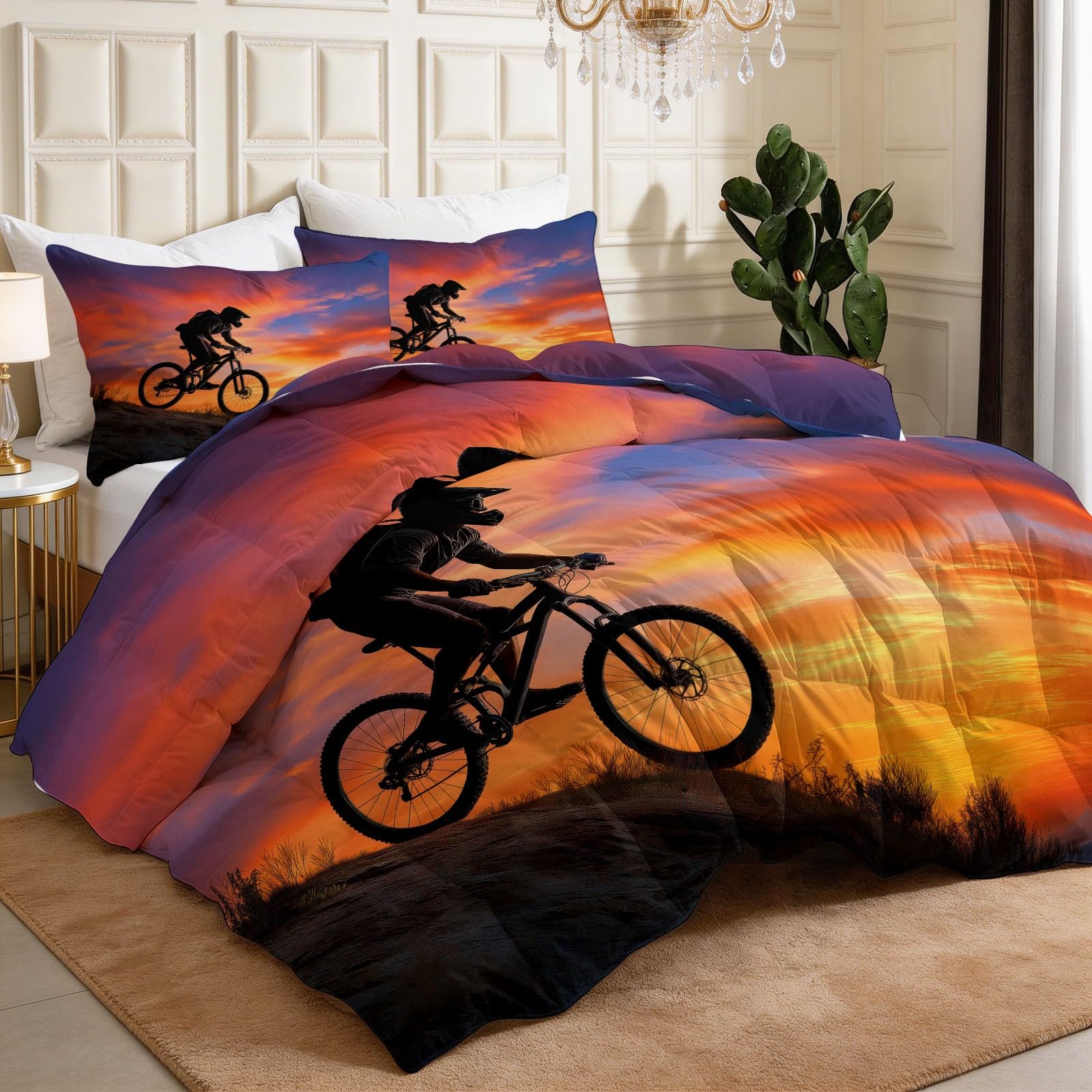Generisch Piumino da 200 x 200 cm, motivo foresta, tramonto e bicicletta, utilizzabile per 4 stagioni, senza rivestimento, soffice e morbido, per fotografia, ciclismo, lavabile, con federa
