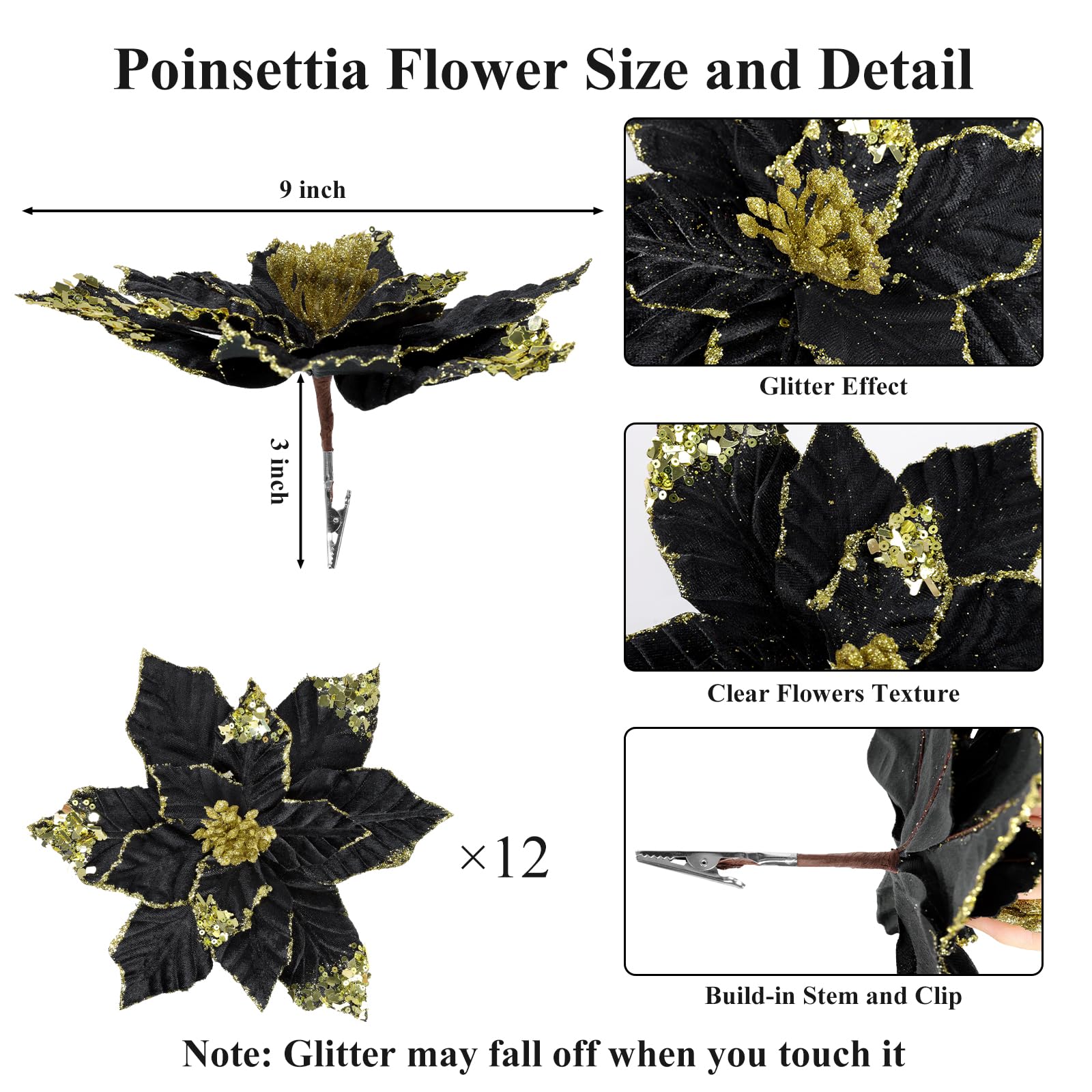 U'Artlines Lot de 12 grandes fleurs de poinsettia artificielles avec clips - 22,9 cm - Noir pailleté - Décorations de Noël pour sapin de Noël, Nouvel An, vacances, fête de mariage