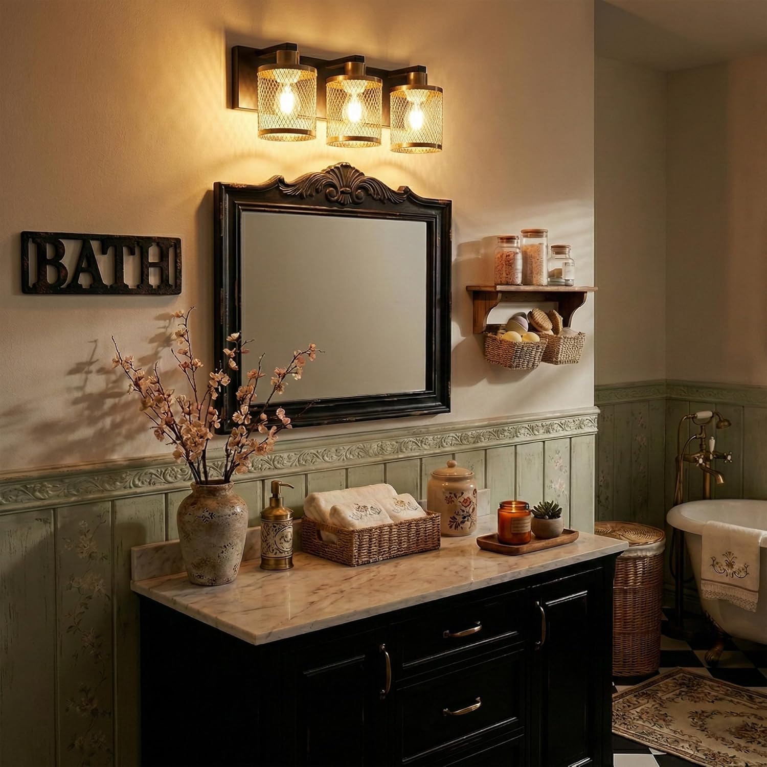 Bathroom Light Fixtures Black and Gold Vanity Lights 20 inch 3 Lights Farmhouse Bathroom Vanity Light Vintage Design Wall Sconces Lighting for Mirror Attic Corridor Cellar Wall Lamps