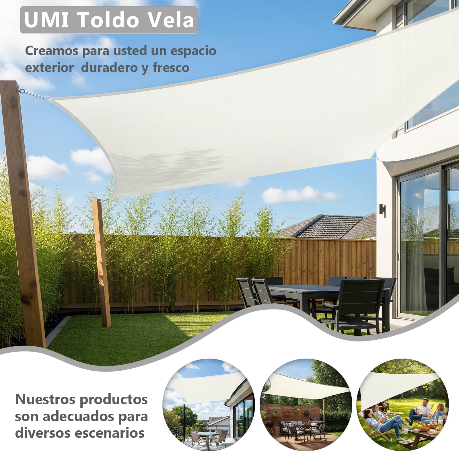 UMI Toldo Vela de Sombra Impermeable 3x3m Cuadrado Protección UV 95% para Terraza Jardín Patio Exteriores - Color Crema