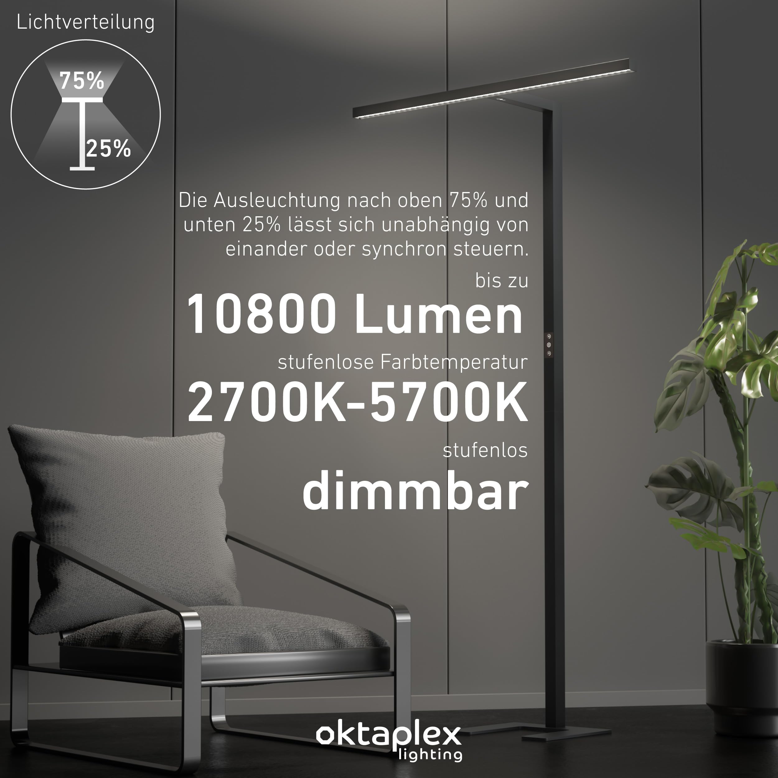 Oktaplex Lund Büro Stehleuchte dimmbar mit Sensor Schwarz Stehlampe | Tageslicht- & Präsenzsensor, Touch-Panel, 10800lm, UGR<11, 2700-5700K, blendarm, 197cm