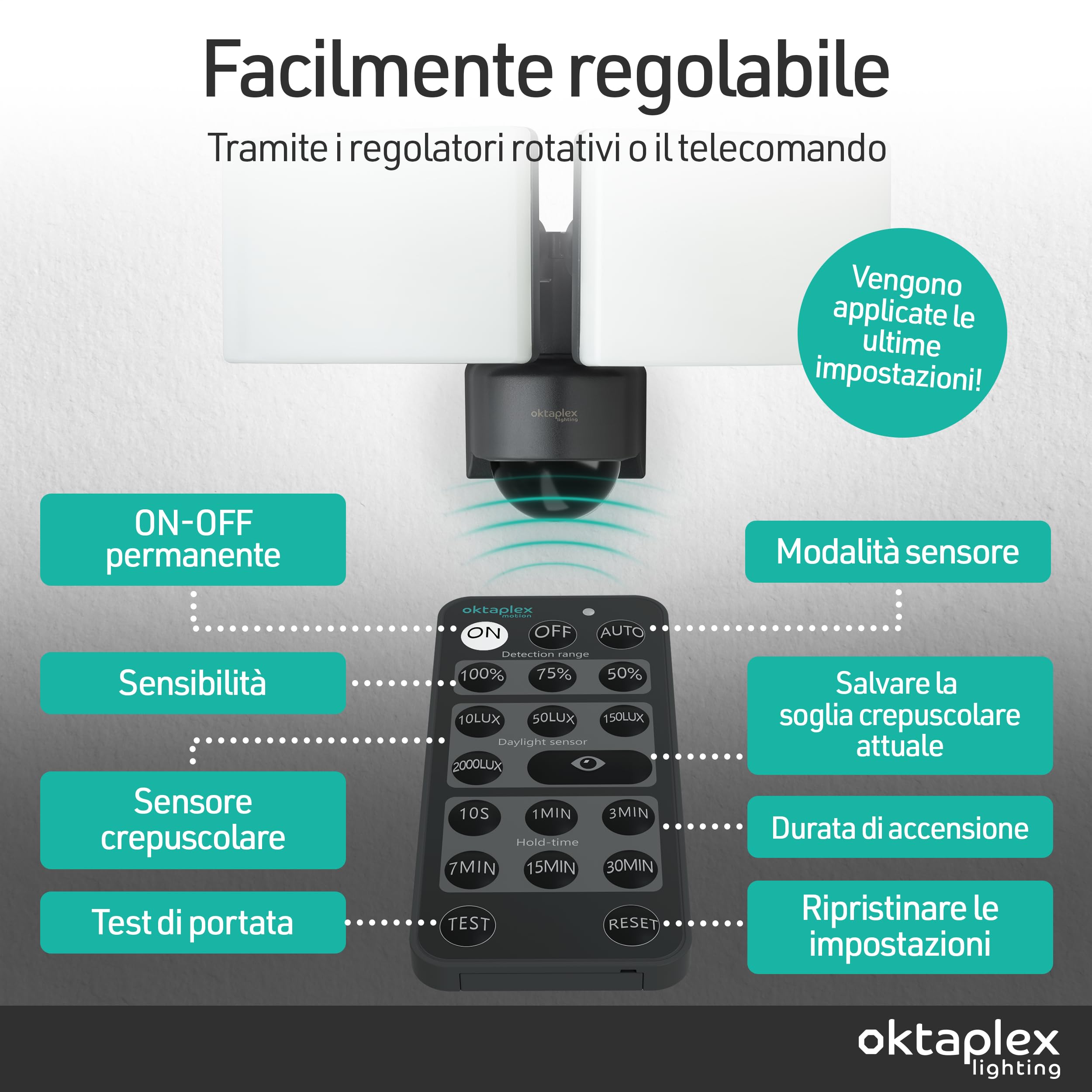 Oktaplex lighting Okatplex faretto LED per esterni 40W con sensore di movimento IP65 4450lm telecomando incluso Proiettore LED Cali bianco caldo 3000K antracite