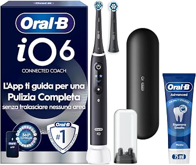 Oral-B iO 6 Spazzolino Elettrico Ricaricabile, 2 Testina di Ricambio, Nero - 2 Testine di Ricambio per Spazzolino Elettrico, Custodia da Viaggio + 1 Dentifricio Advanced Rigenera Smalto, Pulizia Denti
