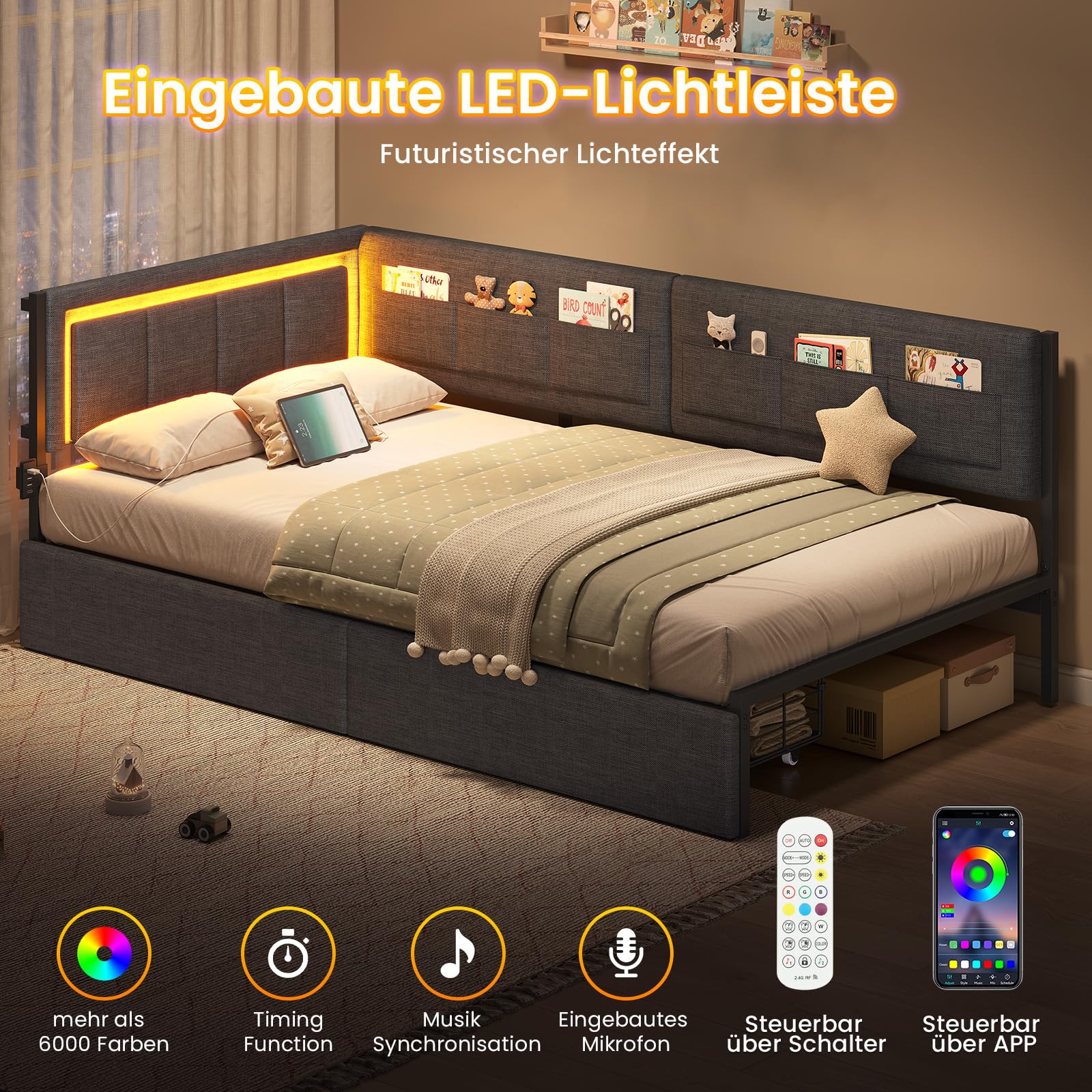 KIMENICH Polsterbett Schlafsofa 90x200 mit LED-Beleuchtung, 6 Stoffbeutel, Ladestation, Tagesbett, Jugendbett mit 2 Schubladen und Lattenrost aus Metall, Gepolstertes Kopfteil, Grau
