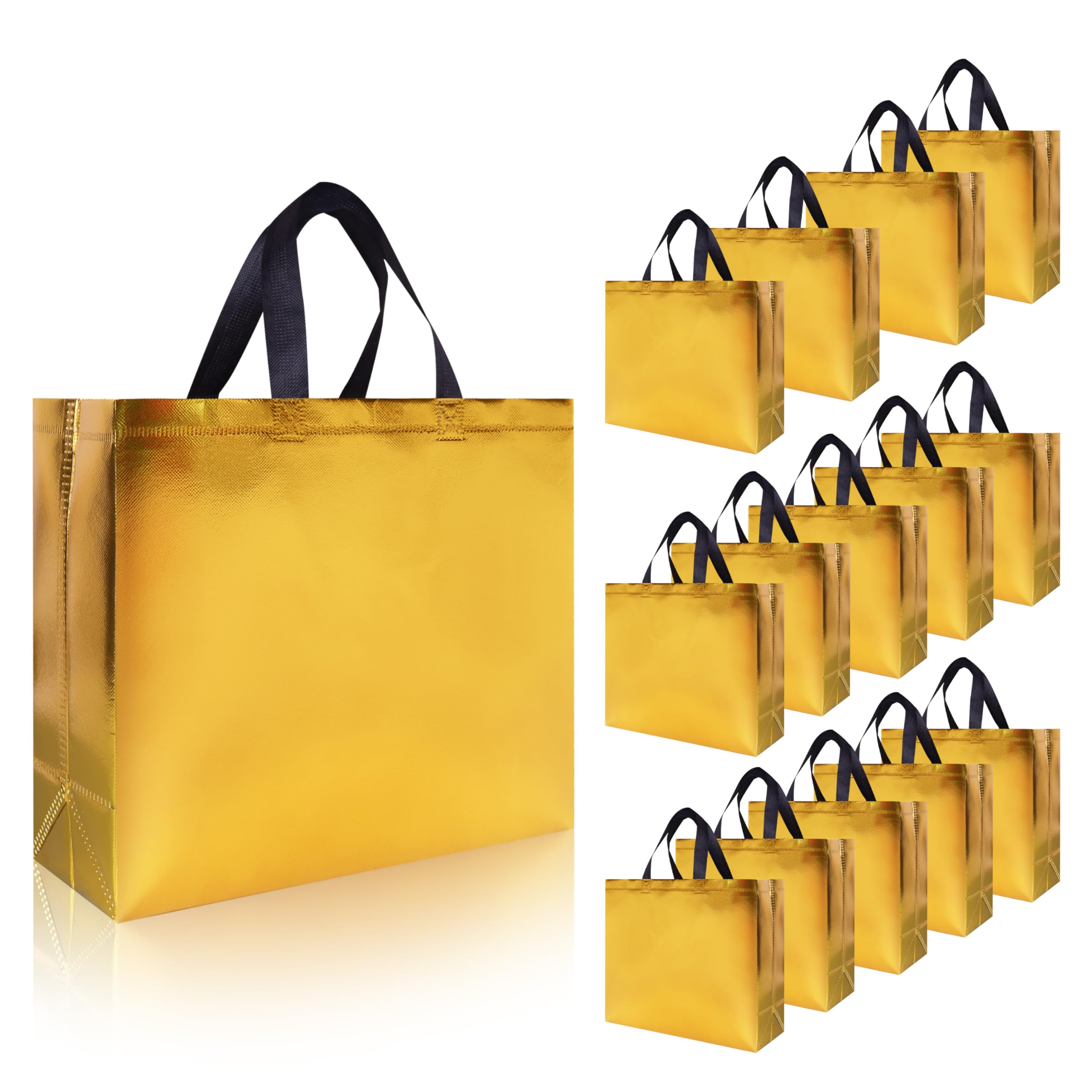 cabzymx 15 Pcs Glossy Yellow Gold Reusable Gift Bags Bulk, 12.6 x 4.7 x 11 In Holiday Party Bags with Handles & Sturdy Bases, Ideal Goodie Bag for