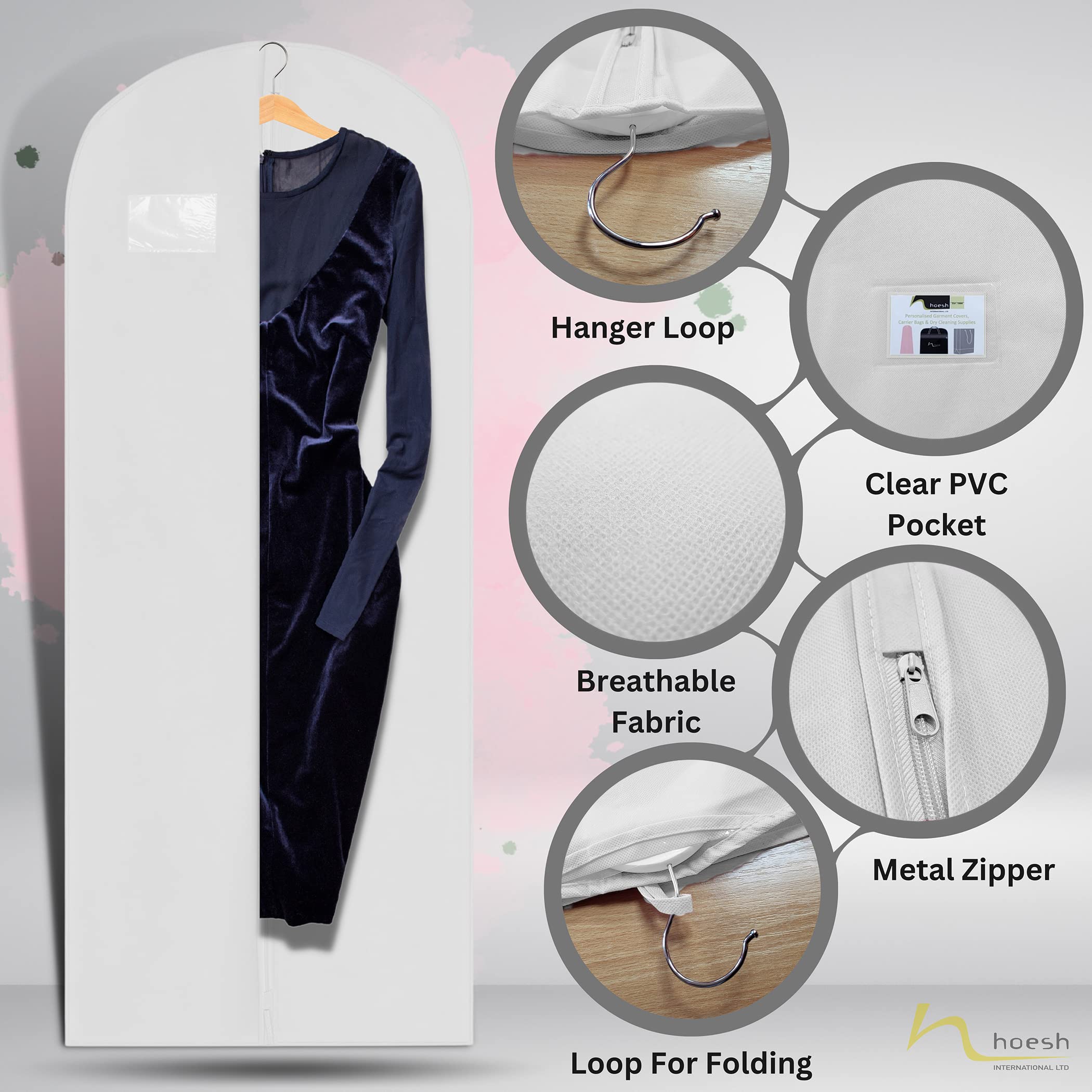 Hoesh UK Women White 60 Inches Breathable Bridesmaids Long Zip Wedding Gown Dress Travel Storage Garment Cover Bag - Image 3
