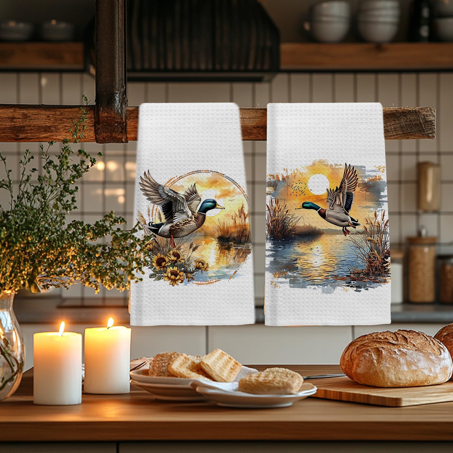 2 Pack Flying Mallard Duck Kitchen Towels,Rustic Wildlife Waterfowl Lover Dish & Hand Towels for Kitchen & Bathroom Decor,Sunset Hunting Duck Gifts for Women Men Lovers,16x24 Inch - Image 4