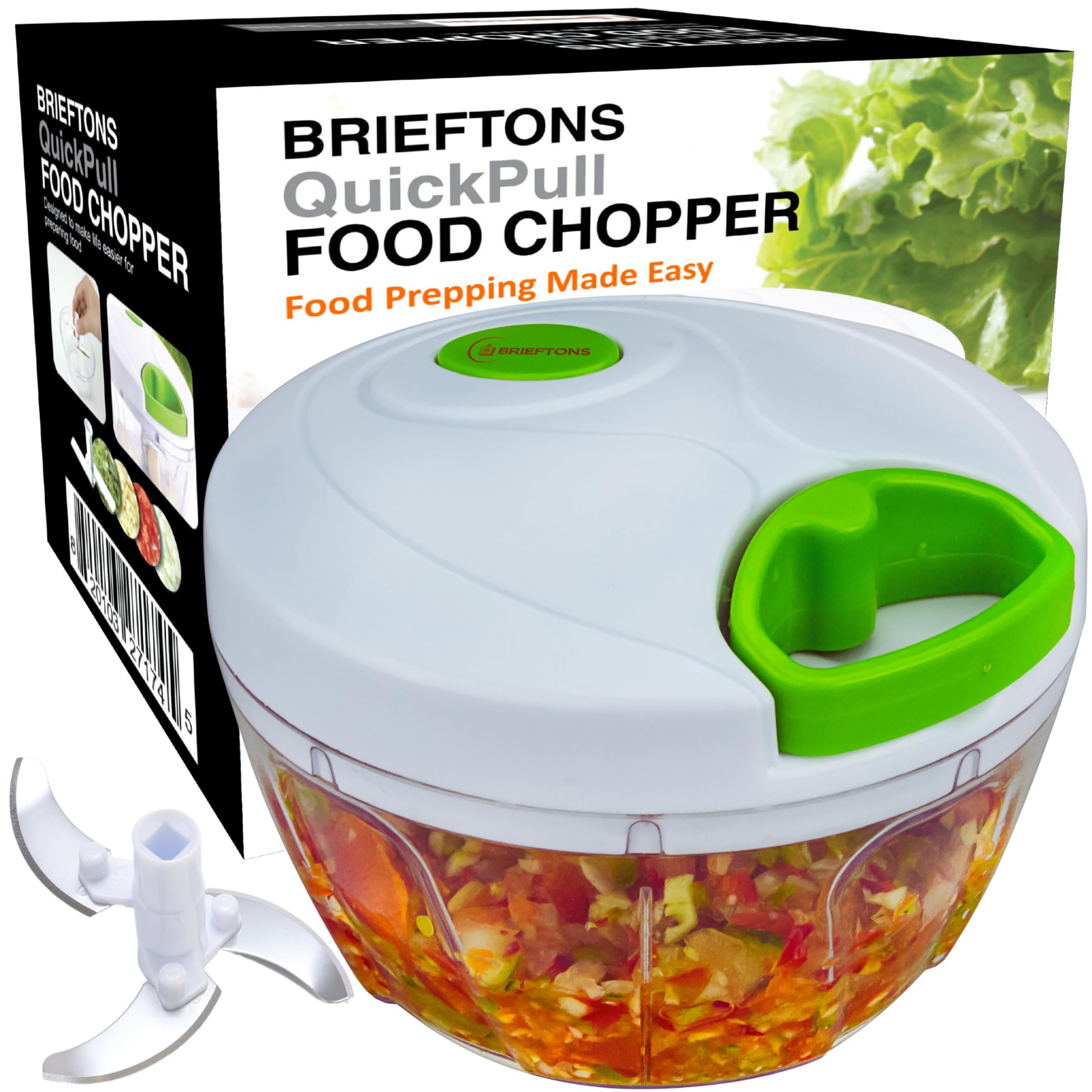 Brieftons Manual Food Chopper, Compact & Powerful Hand Pull Chopper Blender to Chop Onion, Garlic, Vegetables, Fruits, Herbs for Salsa, Salad, Pesto, Hummus, Coleslaw, Puree, Indian Cooking