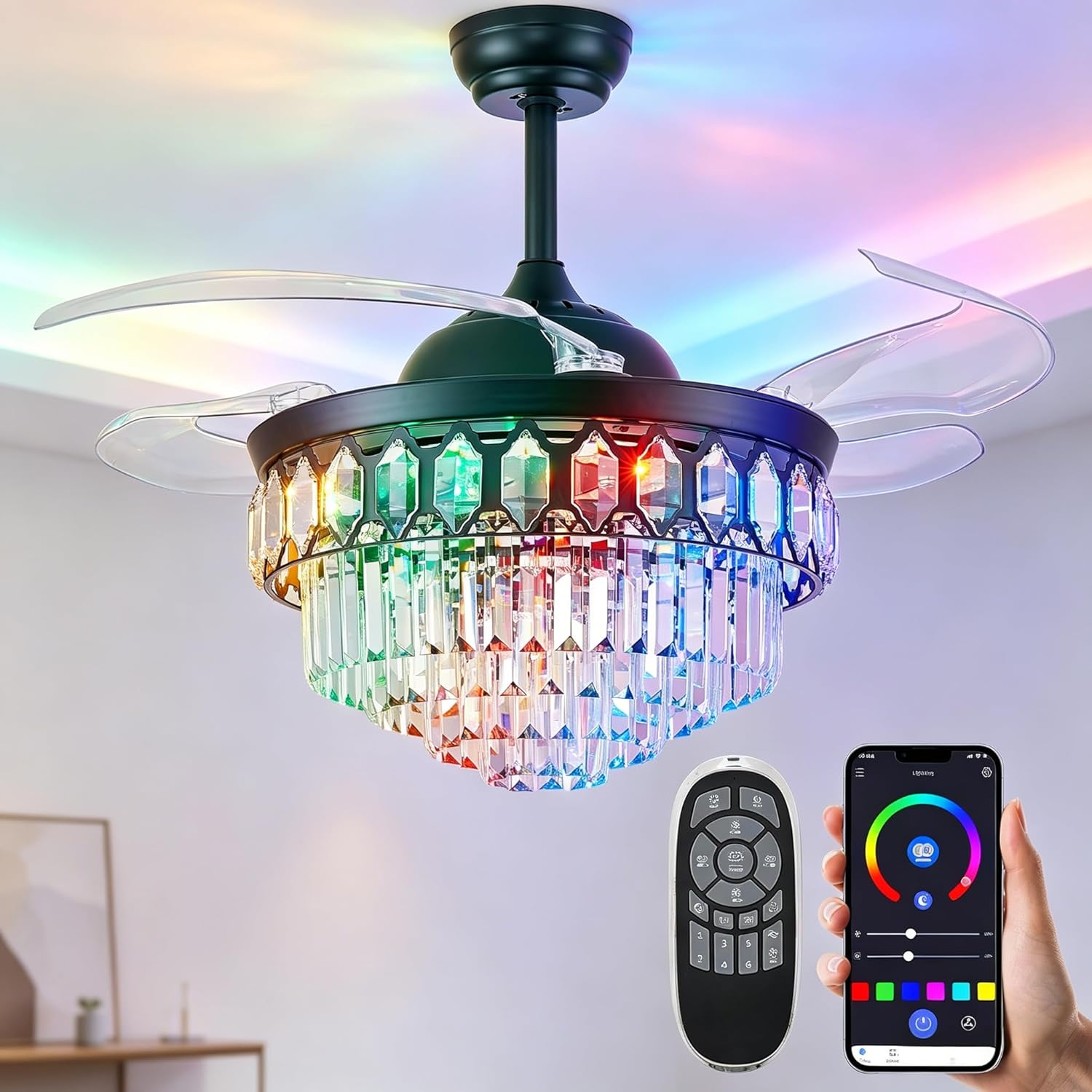48" RGB Ceiling Fan with Light and Music Player,Bluetooth Retractable Blades Crystal Fandelier Speaker LED Chandelier 6-Speed APP Control Quiet Motor Remote Control for Bedroom Black