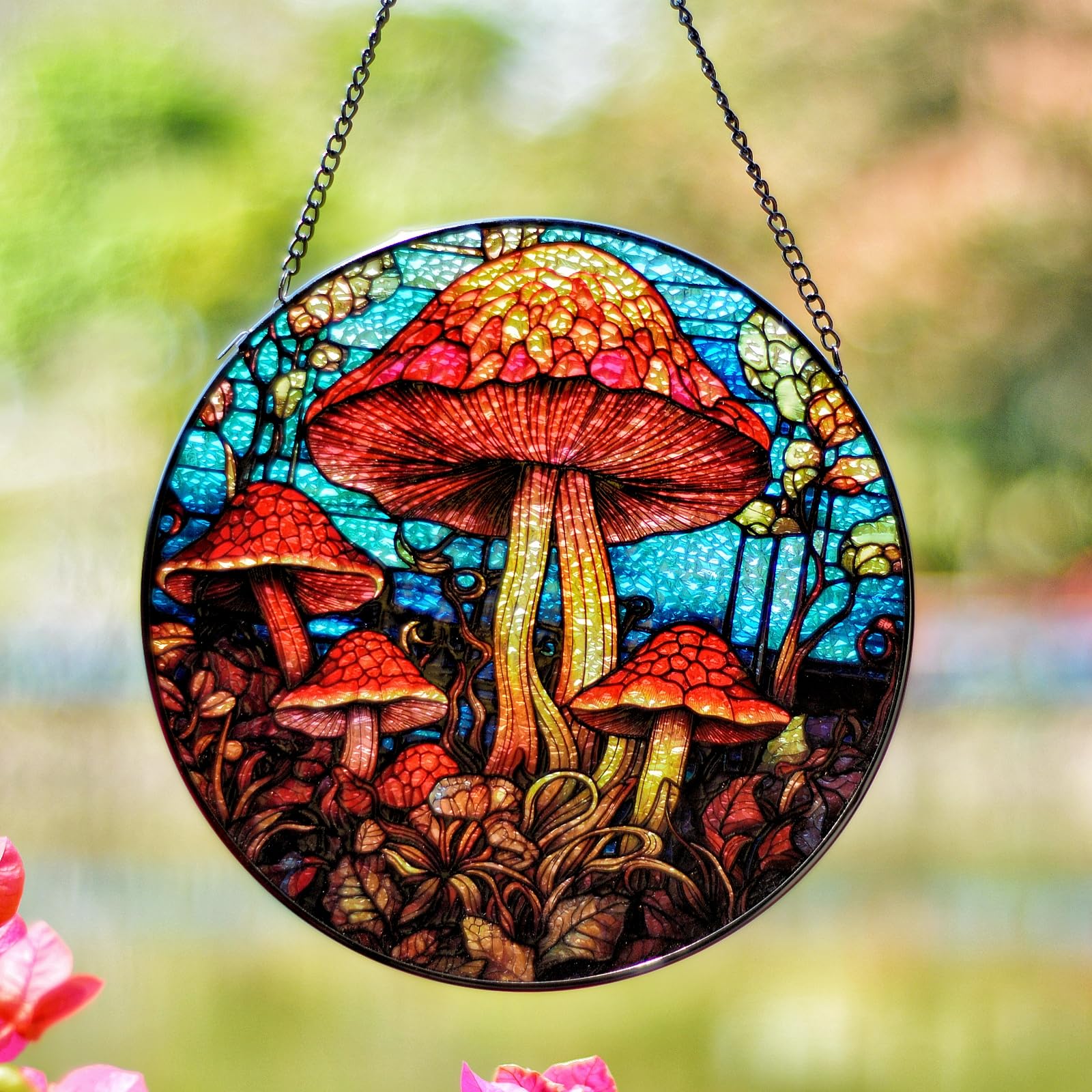 Stained Glass Window Hanging, Stunning 8''/20CM Suncatchers for Windows with Fade Resistant Hand-Painted Decorative Hanging Ornaments Captures Sunlight to Create a Vibrant Atmosphere (Mushroom)
