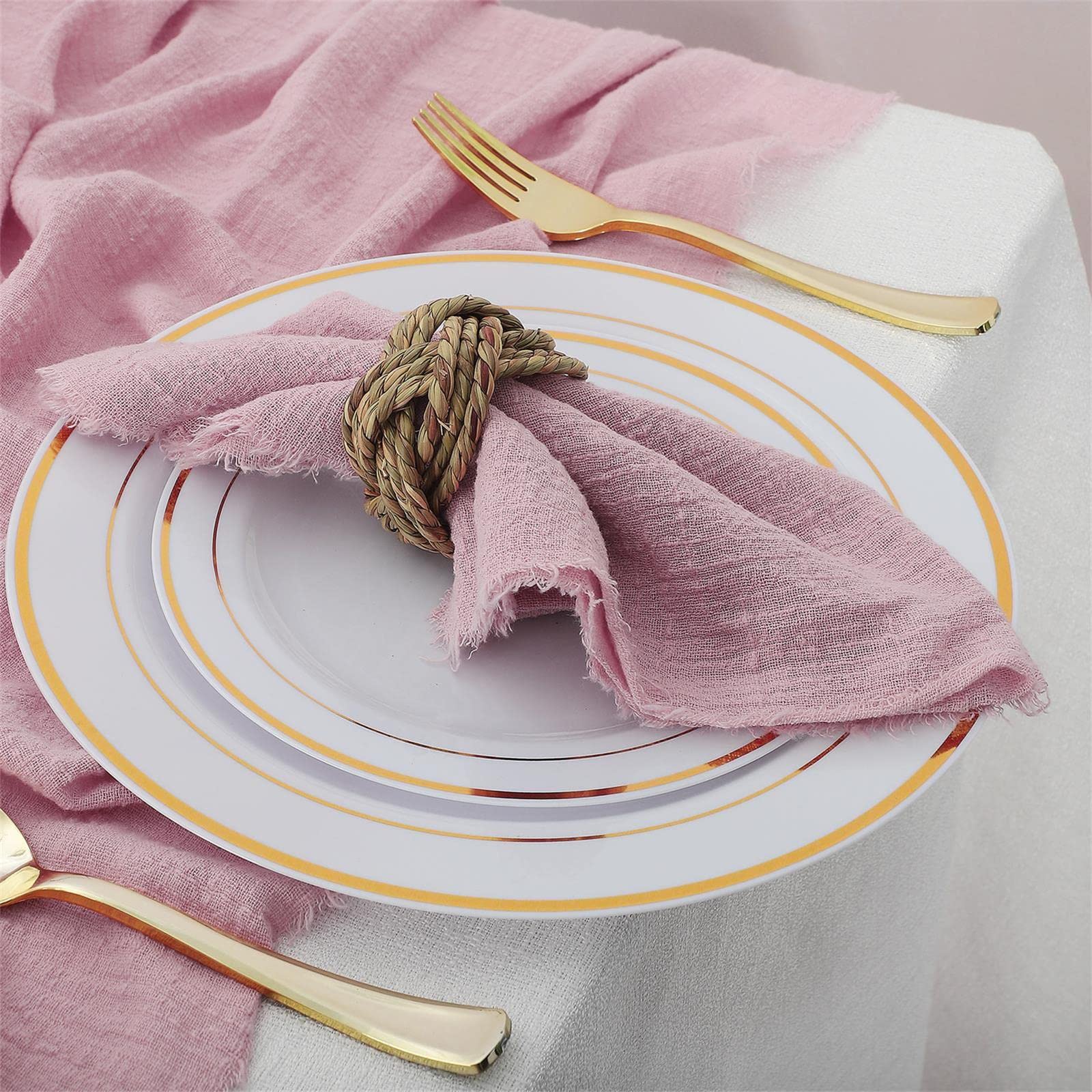 PRTECY Pink Cheesecloth Table Runner, Wedding Table Cloth Rustic Napkin Set Washable Romantic Sheer Table Runner for Wedding Bridal Shower Thanksgiving Party Christmas Decoration(6Pcs Napkins)