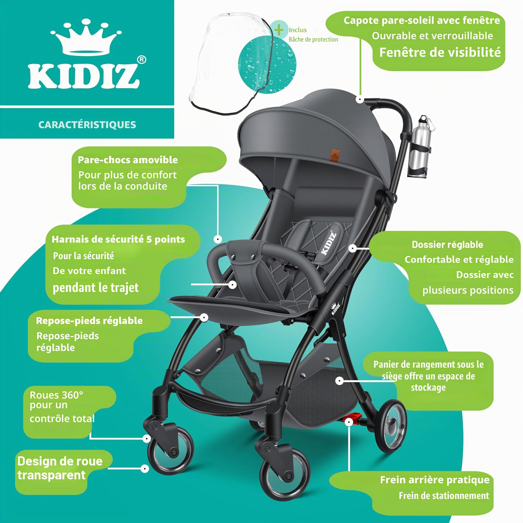 KIDIZ® Poussette Premium Pliable 360°Roues Harnais 5 Points Incl. Porte-boisson & Housse de pluie, Dossier réglable & Capote pare-soleil, Anthracite