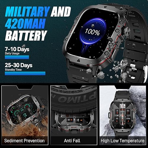 Miniatura 4 de Relojes inteligentes militares para hombres, pantalla grande de 1.96 pulgadas, reloj inteligente táctico resistente con batería grande de 420 mAh,