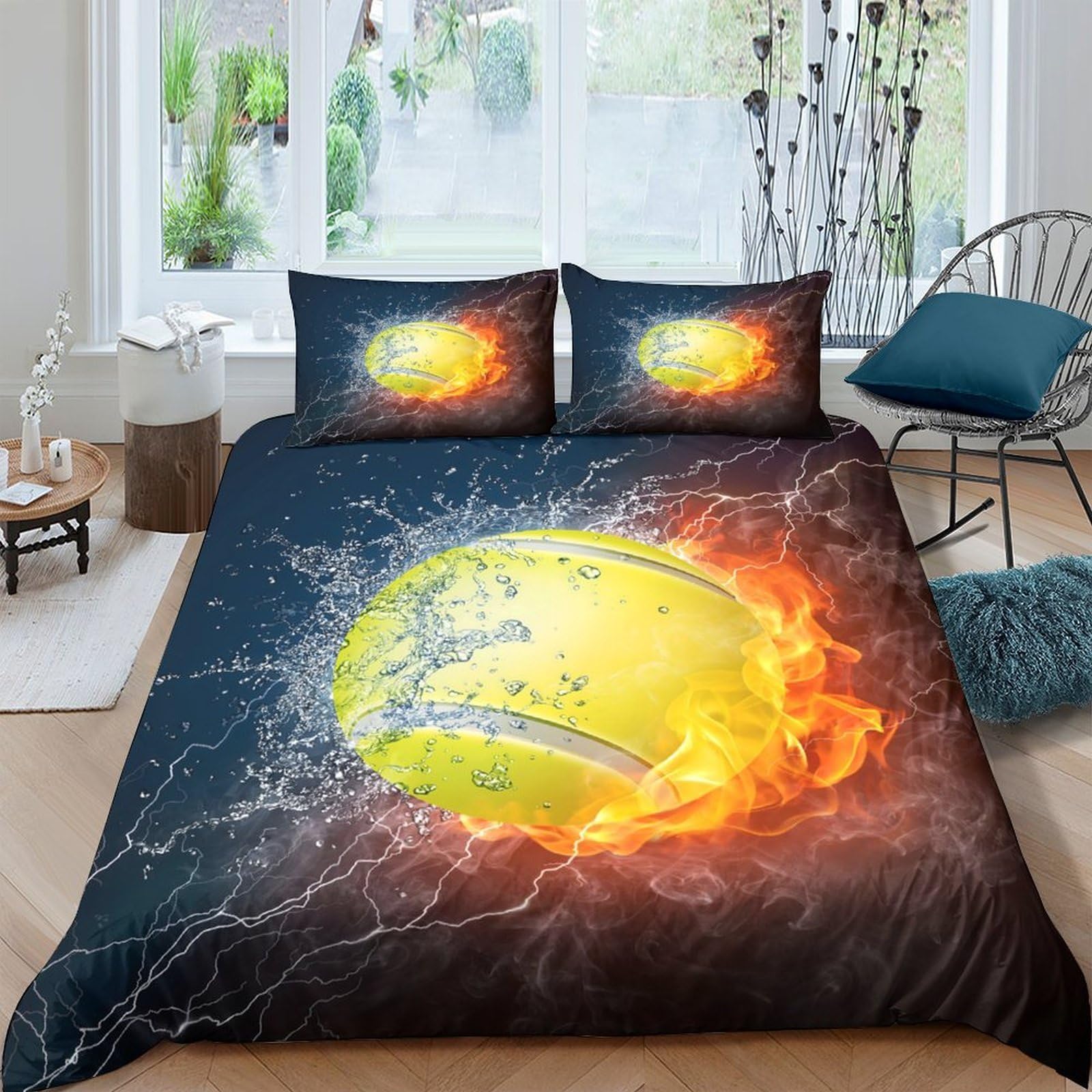 Ctjqhvkz Style-8 3D Printed Fiery Tennis Ball Fitted Sheet Microfiber Soft Breathable Splash Mattress Cover For Bedroom Dorm Decor Single（135X200cm）