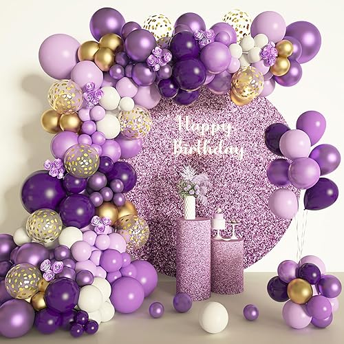 Amandir Kit de arco de guirnalda de globos morados, 150 unidades, globos metálicos de látex de látex de confeti pastel claro, morado, dorado,