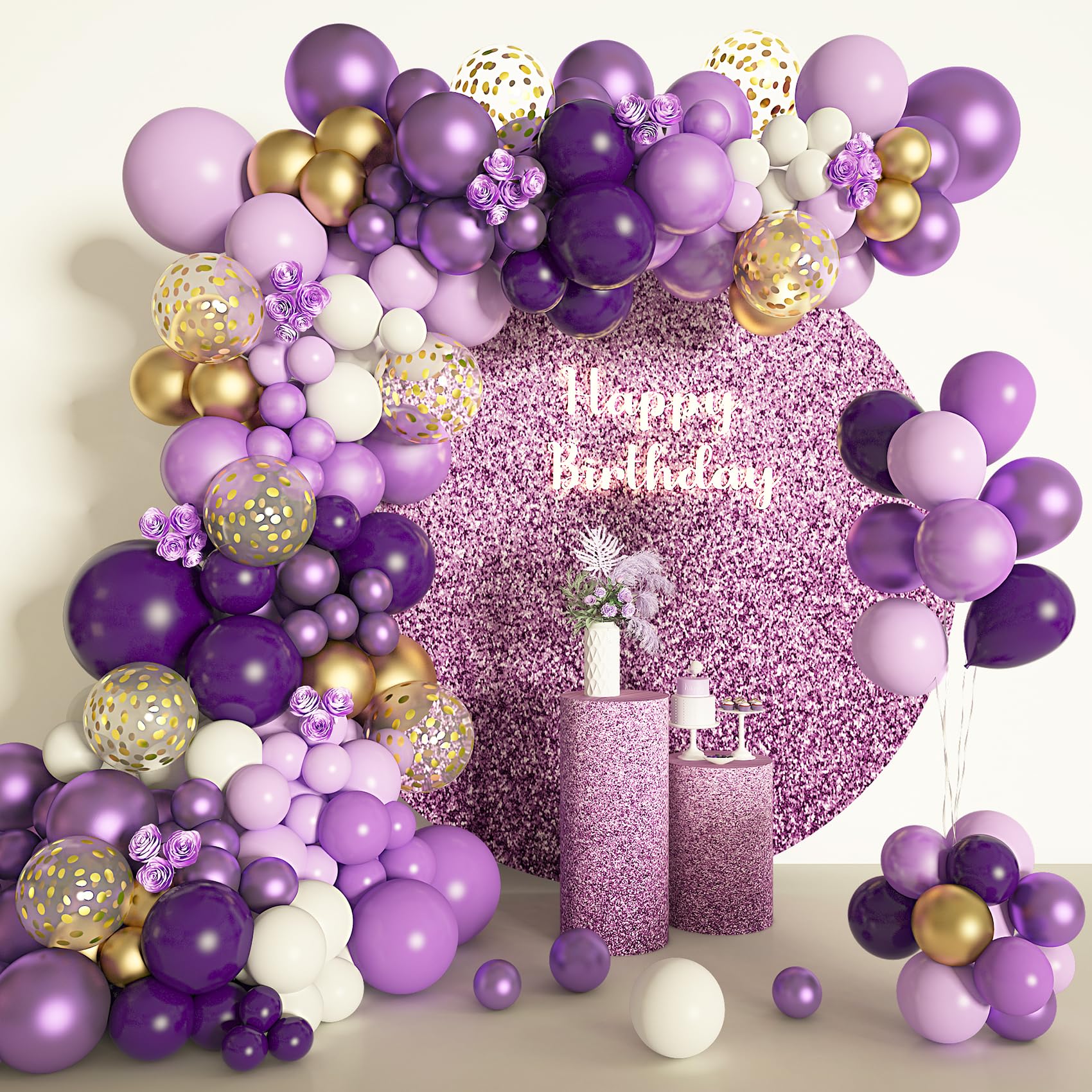 Amandir 150Pcs Purple Balloons Garland Arch Kit, Light Pastel Purple Gold White Confetti Latex Metallic Balloons for Women Birthday Baby Shower Wedding Party Decorations Supplies