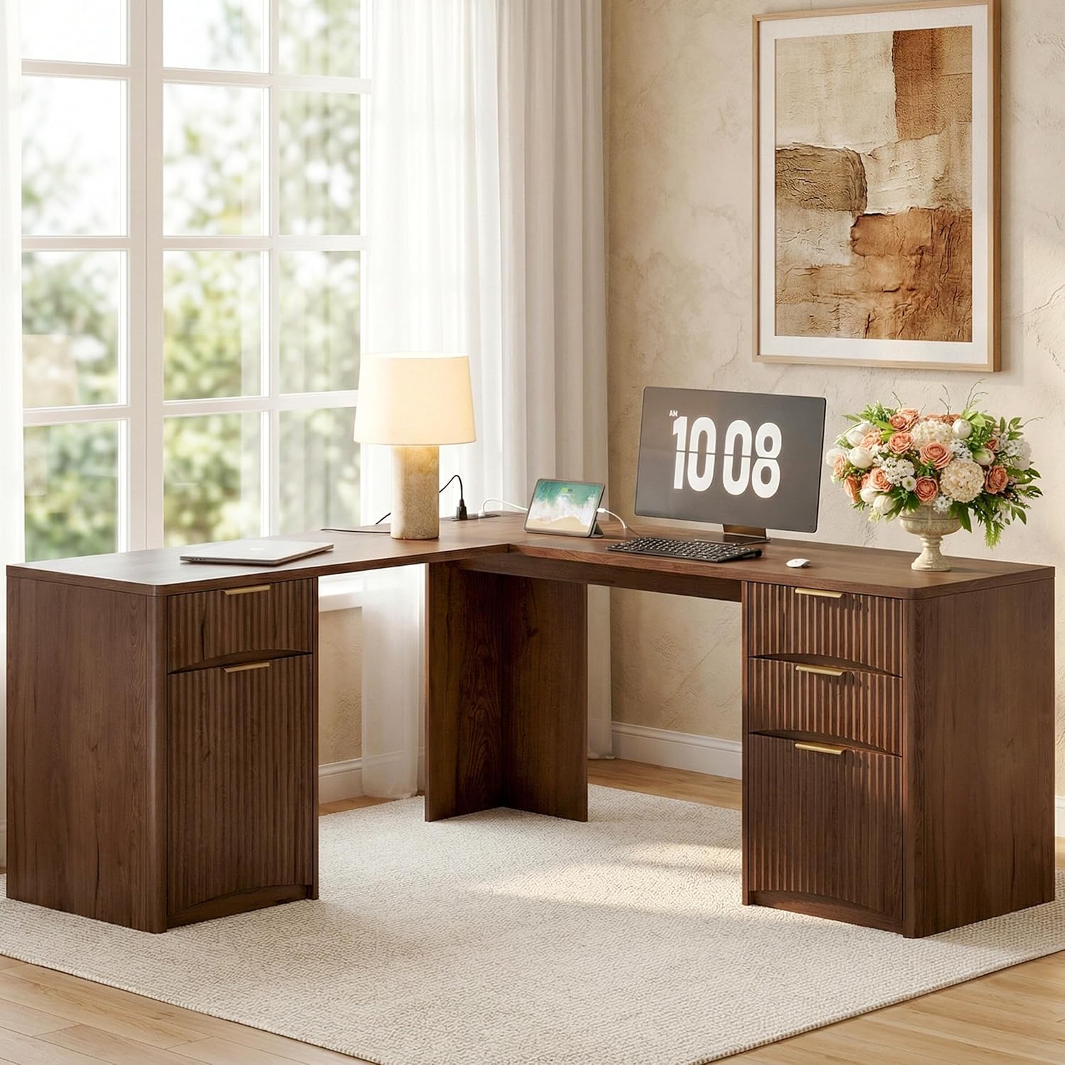 Whalefall 63'' Fluted L Shaped Desk with Drawers, Corner Computer Desk with Storage, Modern Executive Home Office Desk with File Cabinet and Charging Station, Walnut