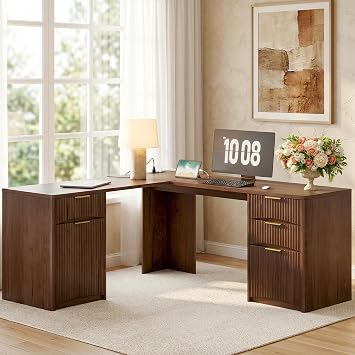 Whalefall 63 Fluted L Shaped Desk with Drawers, Walnut | Corner Computer Desk with Charging Station, Modern Executive Home Office L Desk with File Cabinet Storage
