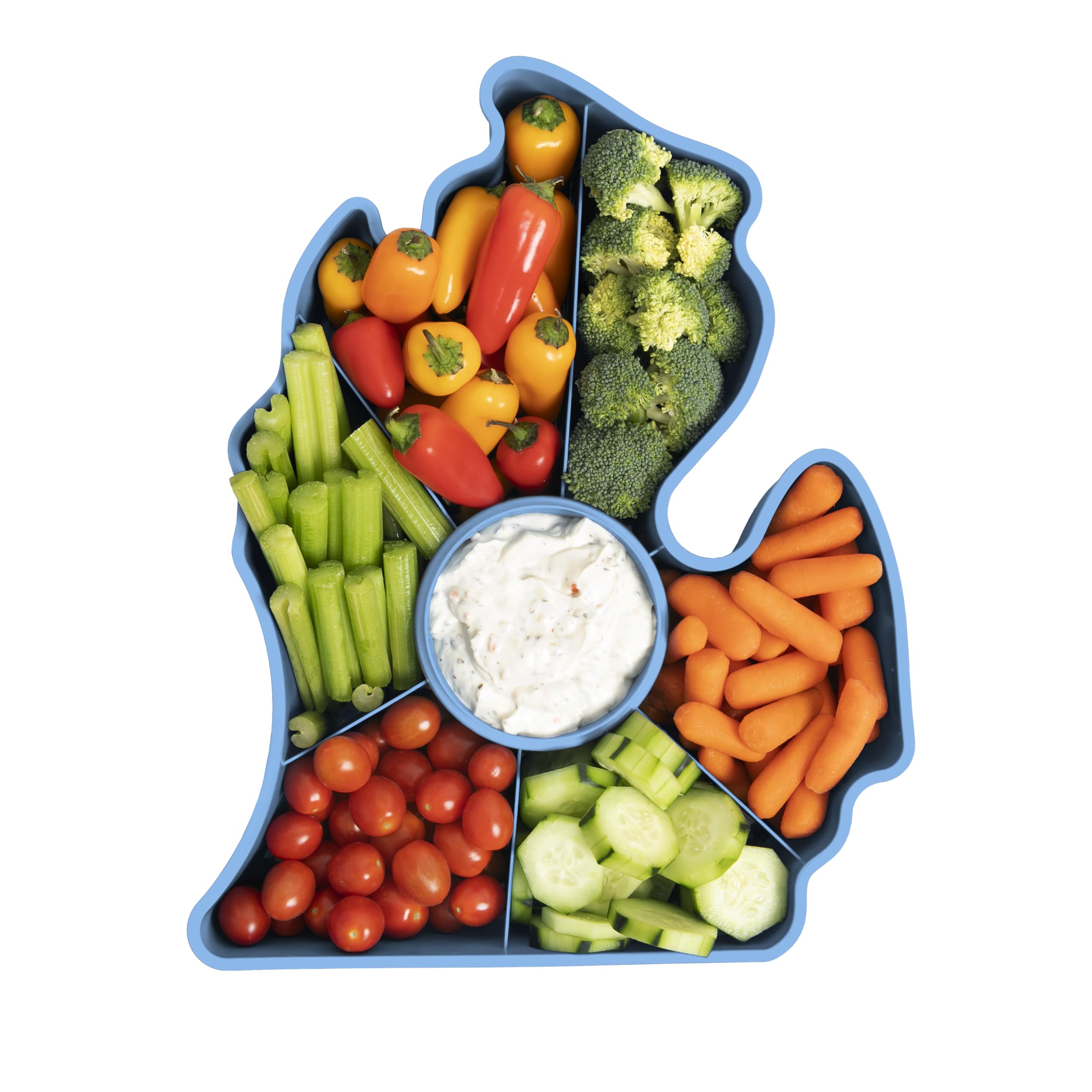 KOLORAE Michigan Serving Tray - Unique 7 Compartment Mitten State Reusable Snack Tray w/Dressing Cup. Great for Entertaining and Storage for Appetizers, Snacks, Chips & Dip