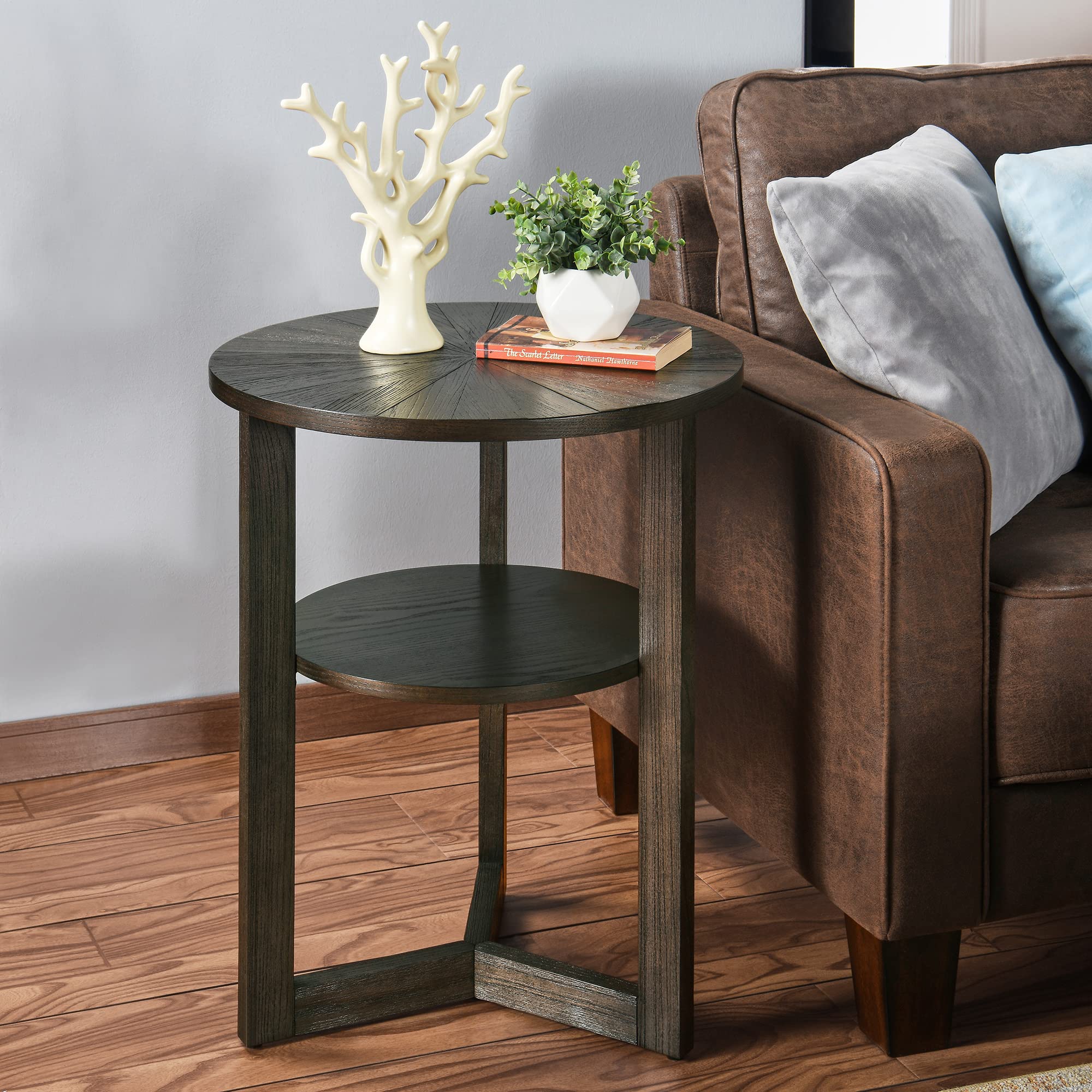 MIAUWUUFHOME Round End Table, Farmhouse Side Table with Solid Wood Criss-Cross Legs for Small Space, Circle Beside Table with 2 Storage Shelves,