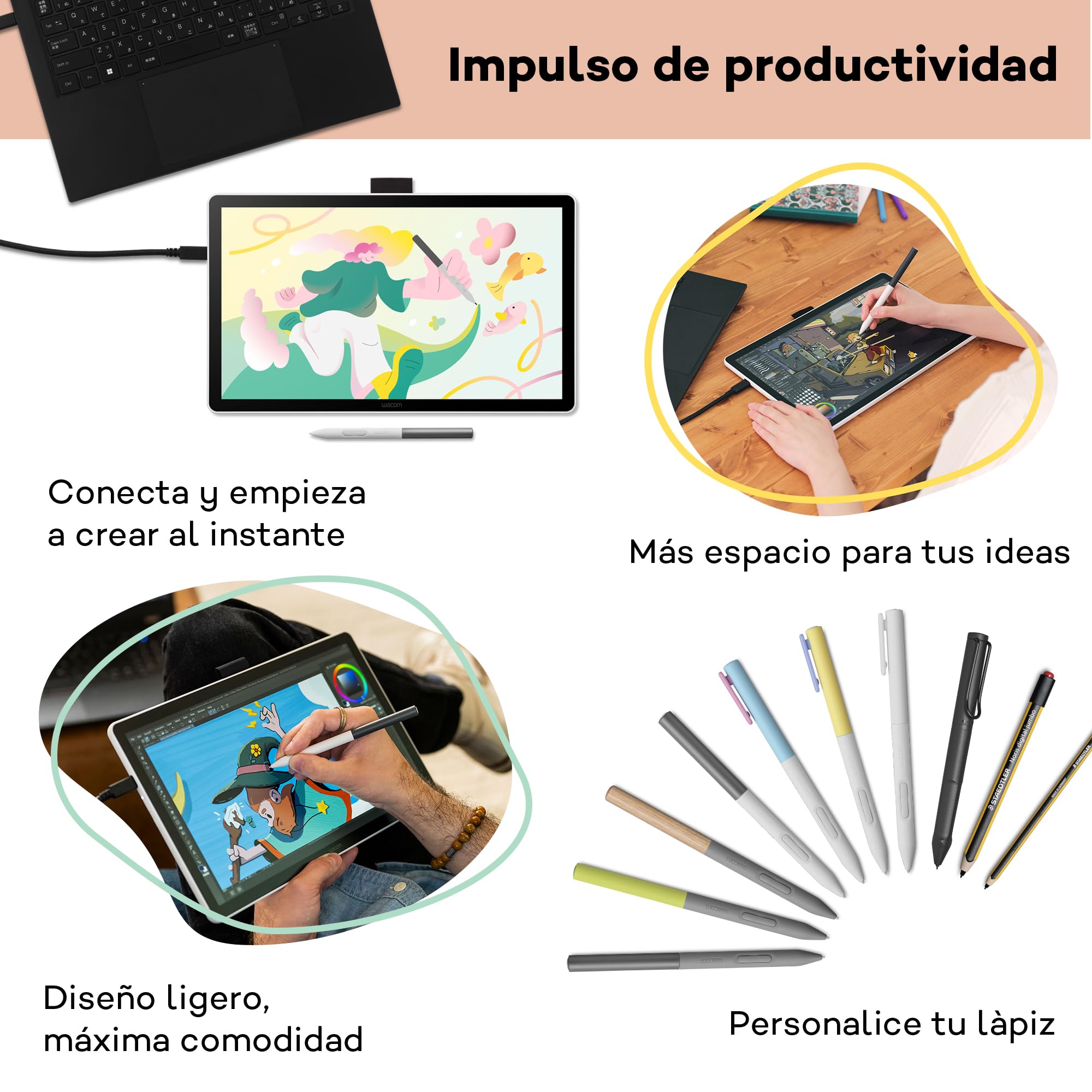 Wacom One 14 Tableta gráfica con Pantalla – 14″ Full HD con lápiz sin batería, Pantalla antirreflejo & Software Incluido – Compatible con Windows, macOS & ChromeOS