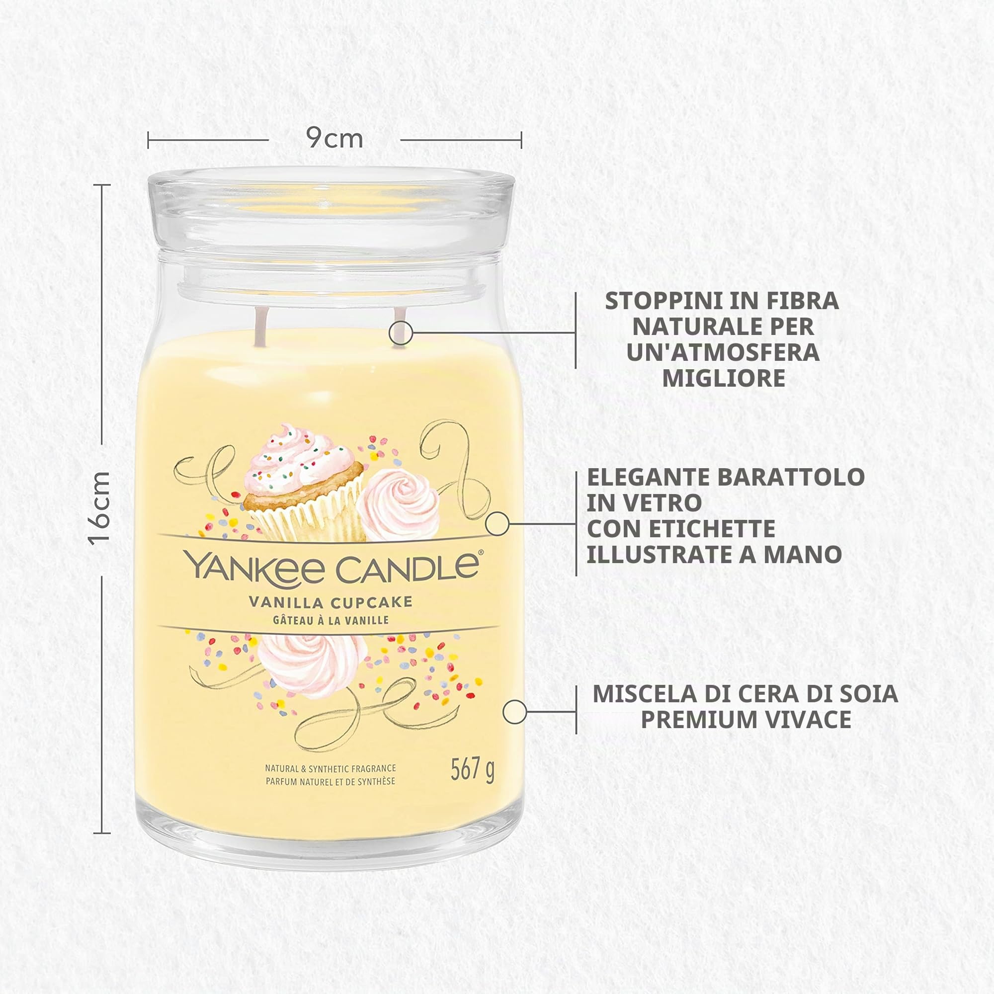 Yankee Candle Signature candela profumata, Cupcake alla Vaniglia in giara grande, Candele di miscela di cera di soia lunga durata