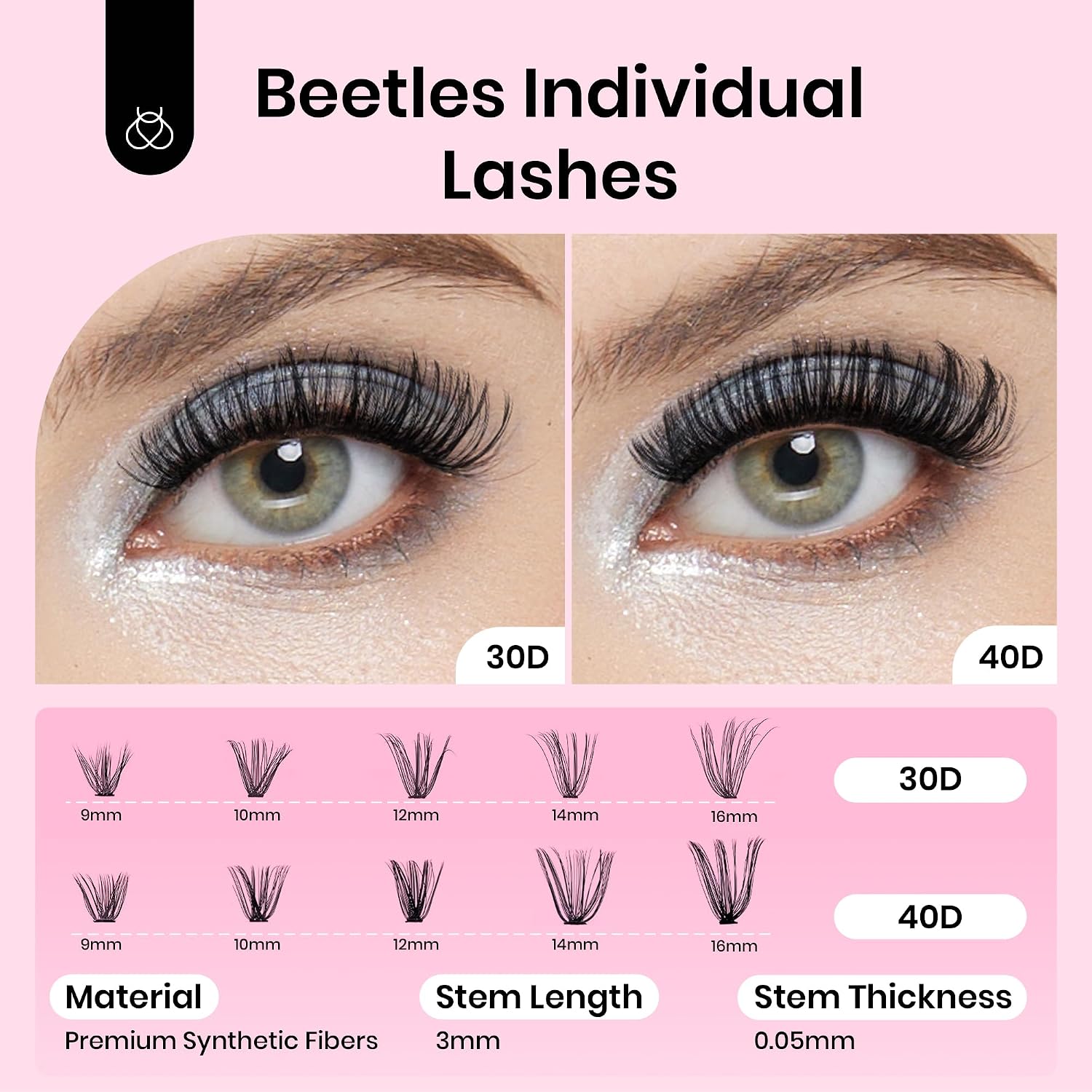 Beetles Lash Clusters Kit 240pcs Individual Lash Extension Kit 30D 40D 9-16mm False Eyelash Extension Kit Natural D Curl Eyelash Clusters Kit Lash Clear Adhesive, Brush and Tweezers DIY Lash Kit K001