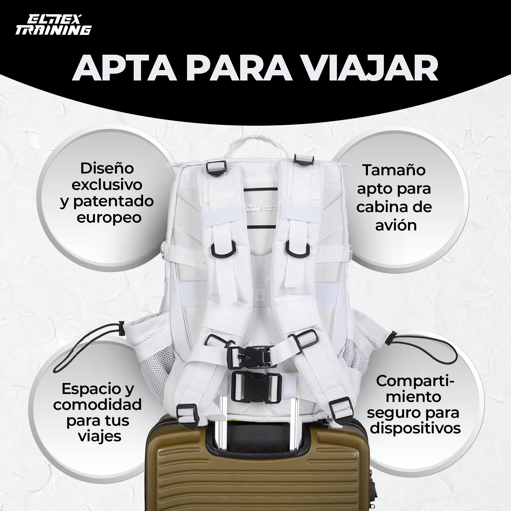Mochila Táctica 25L Repelente al Agua – Oxford 1000D, Cabina Avión y Viaje, Gimnasio y CrossTraining, Compartimento Portátil 15” (Blanco) by ELITEX TRAINING