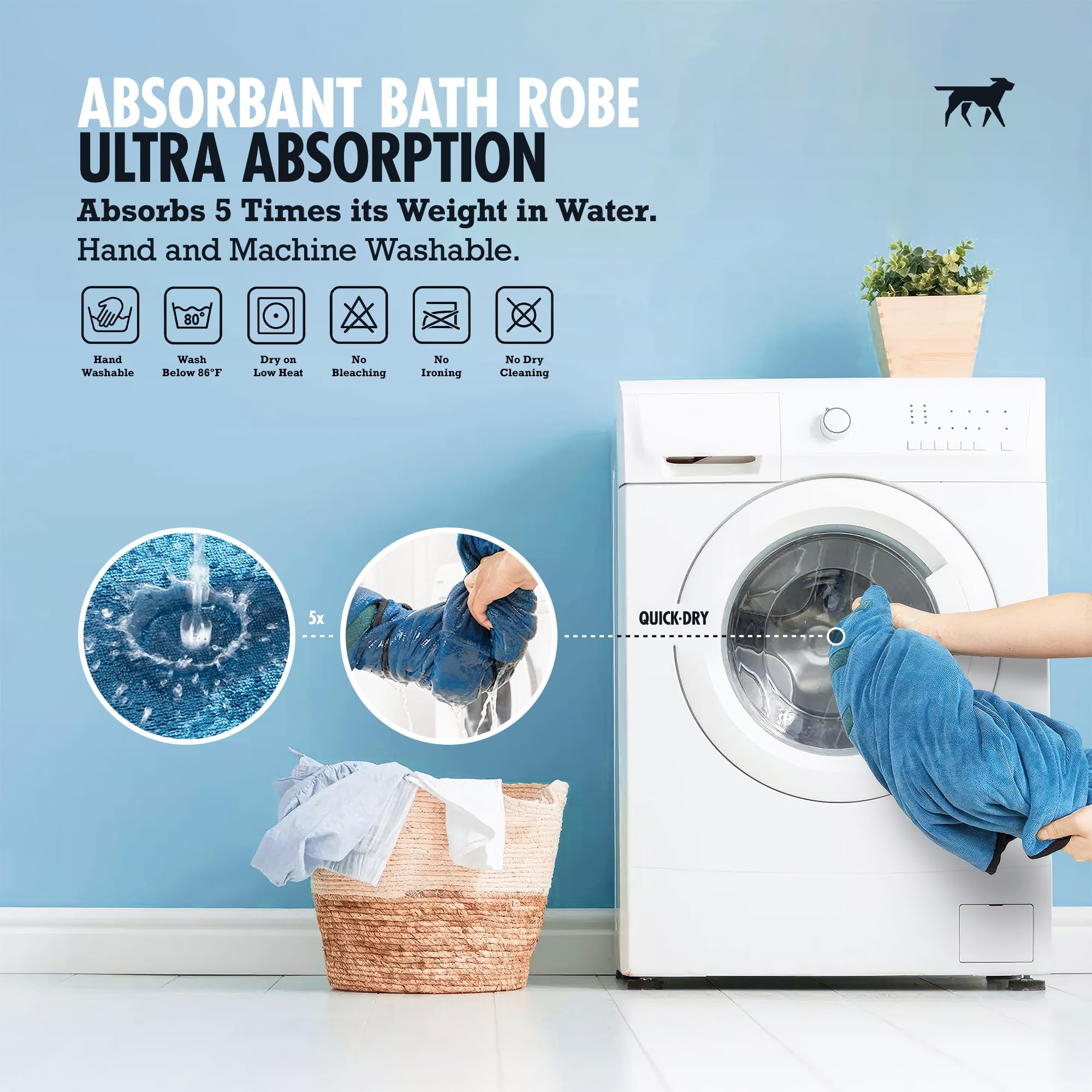 Tuff Pupper Bata de baño de secado rápido para perro, toalla de felpa de 800 g/m², bata de baño súper absorbente para mascotas/cachorros, capucha ajustable y correa para el vientre, súper suave,