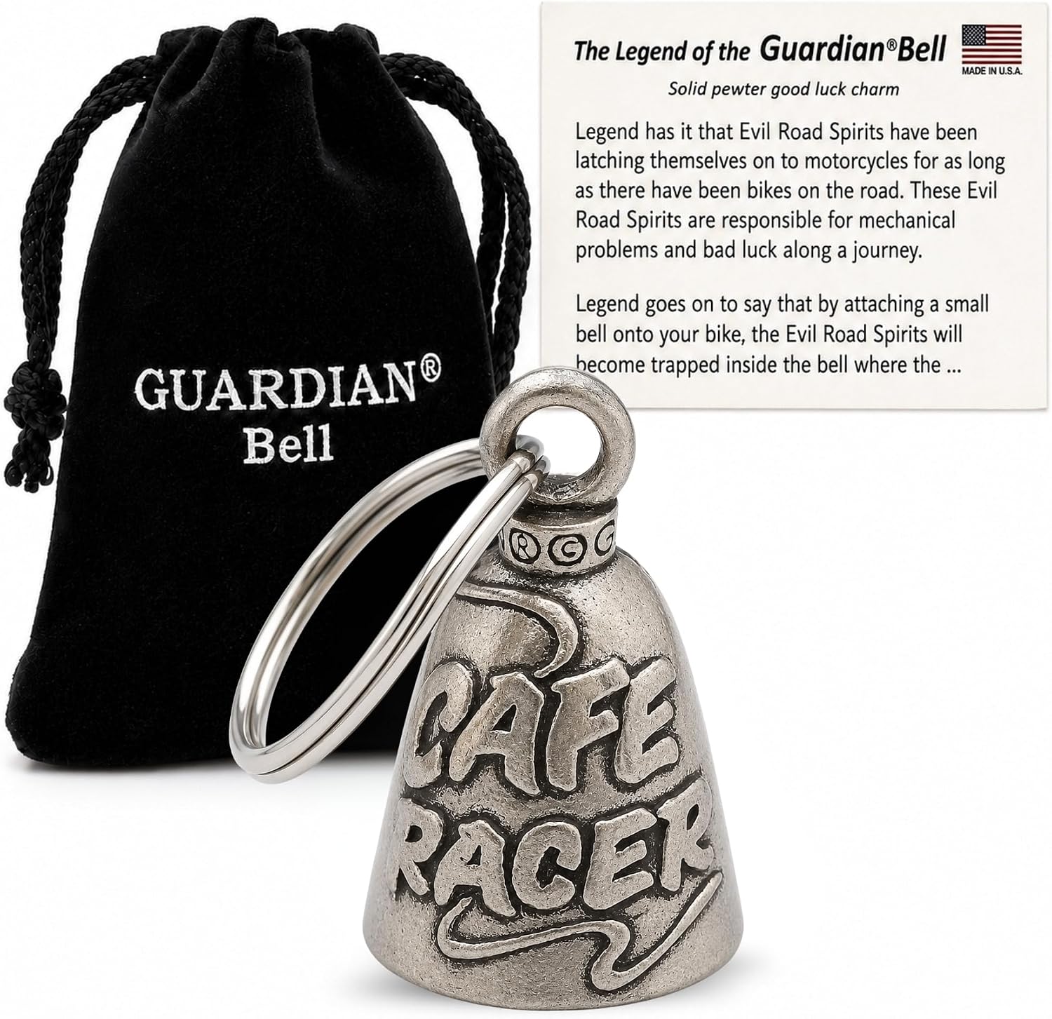Guardian Bell Good Luck Bell w/Keyring & Black Velvet Bag | Motorcycle Bell | Lead-Free Pewter | Made in USA