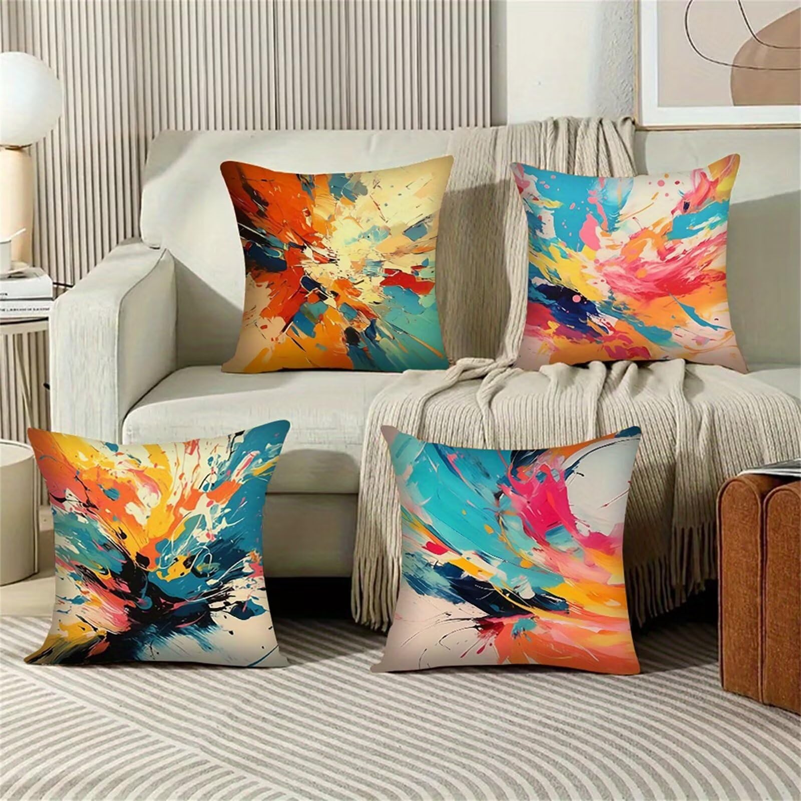 QiHon Watercolour Cushion Covers 30x30 cm Set of 4, Decorative Throw Pillow Cases, 12x12 inch Square Linen Pillowcases for Sofa Living Room Bedroo