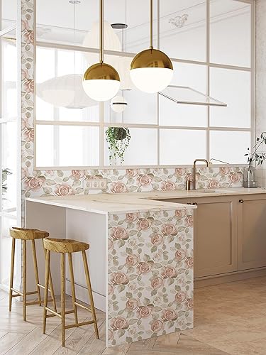Miniatura 4 de Papel tapiz floral de 16.1 x 197 pulgadas, papel tapiz de contacto con flores, diseño de hojas de rosas rosa claro, papel autoadhesivo extraíble