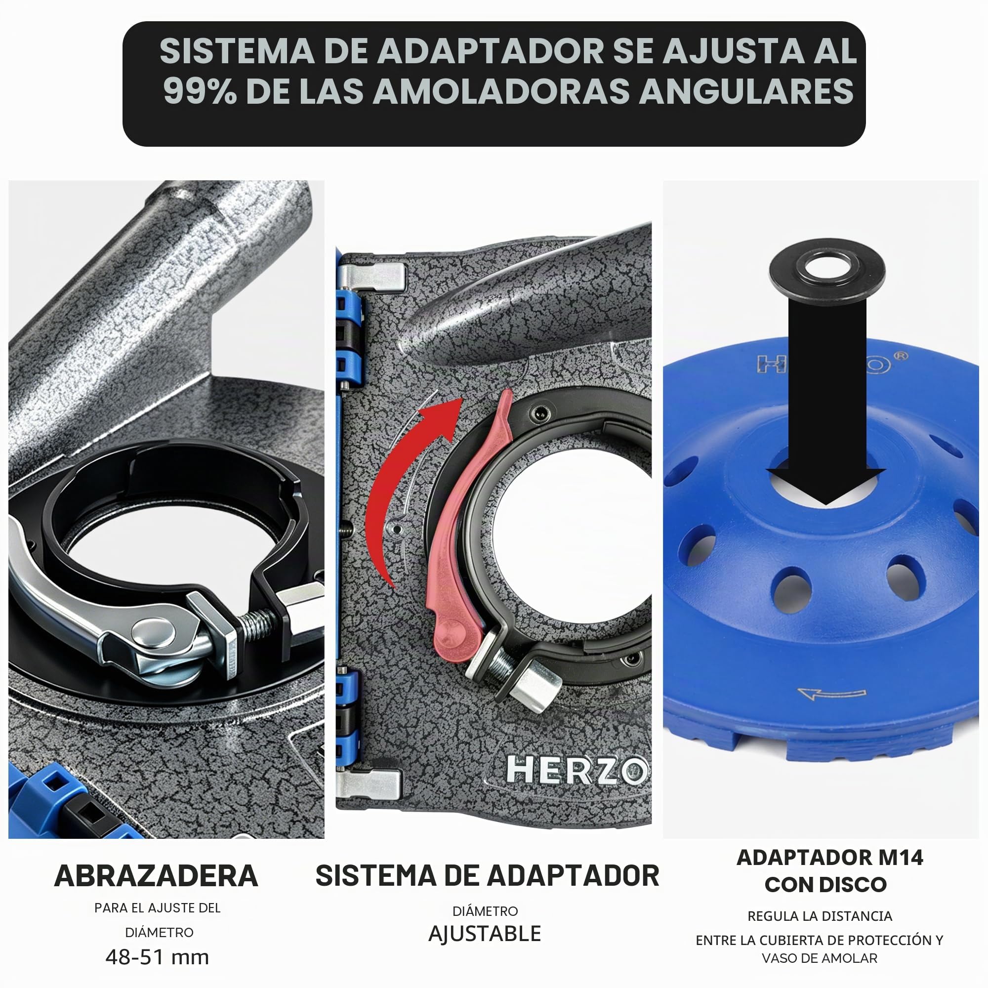 HERZO Cubierta universal para amoladora angular 115/125mm,juego de cubierta de extracción con disco de diamante de 125 mm - construcción de aluminio robusta