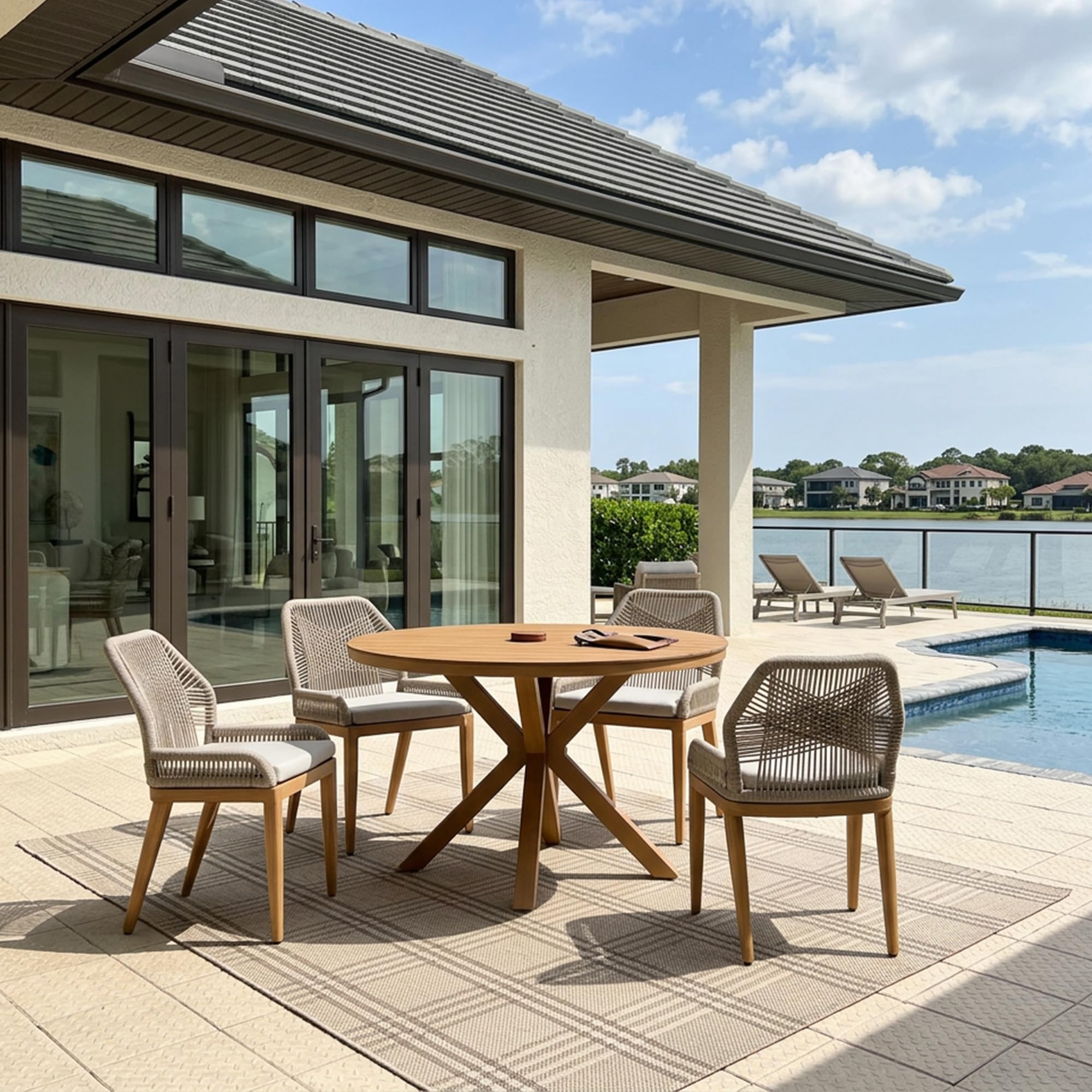 PURPLE LEAF Oversized Outdoor Round Dining Set 5 Pieces, Backs, Teak