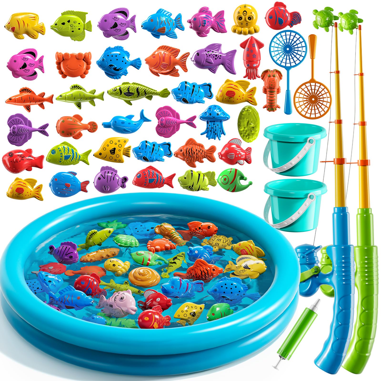 JUKUDAHU Magnet Fishing Toys Game for Kids 3-5 - Floating Fish Toys with Inflatable Kiddie Pool, Bath Toys for Toddlers, Pole Rod Net, Outdoor Party Toys for Boys Girls Kids Age 3 4 5 6 7 8 Year Old