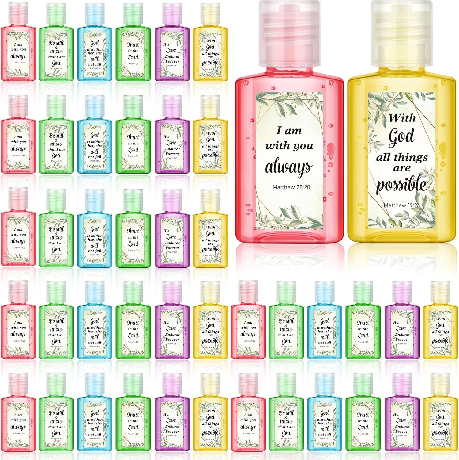 Gejoy 48 Pack Eucalyptus Leaf Christian Hand Sanitizer Bulk Bible Verse Mini Hand Sanitizer Travel Size Religious Gift Christian for Church Prayer Women Mom Pastor Holiday Christmas Stocking Stuffers